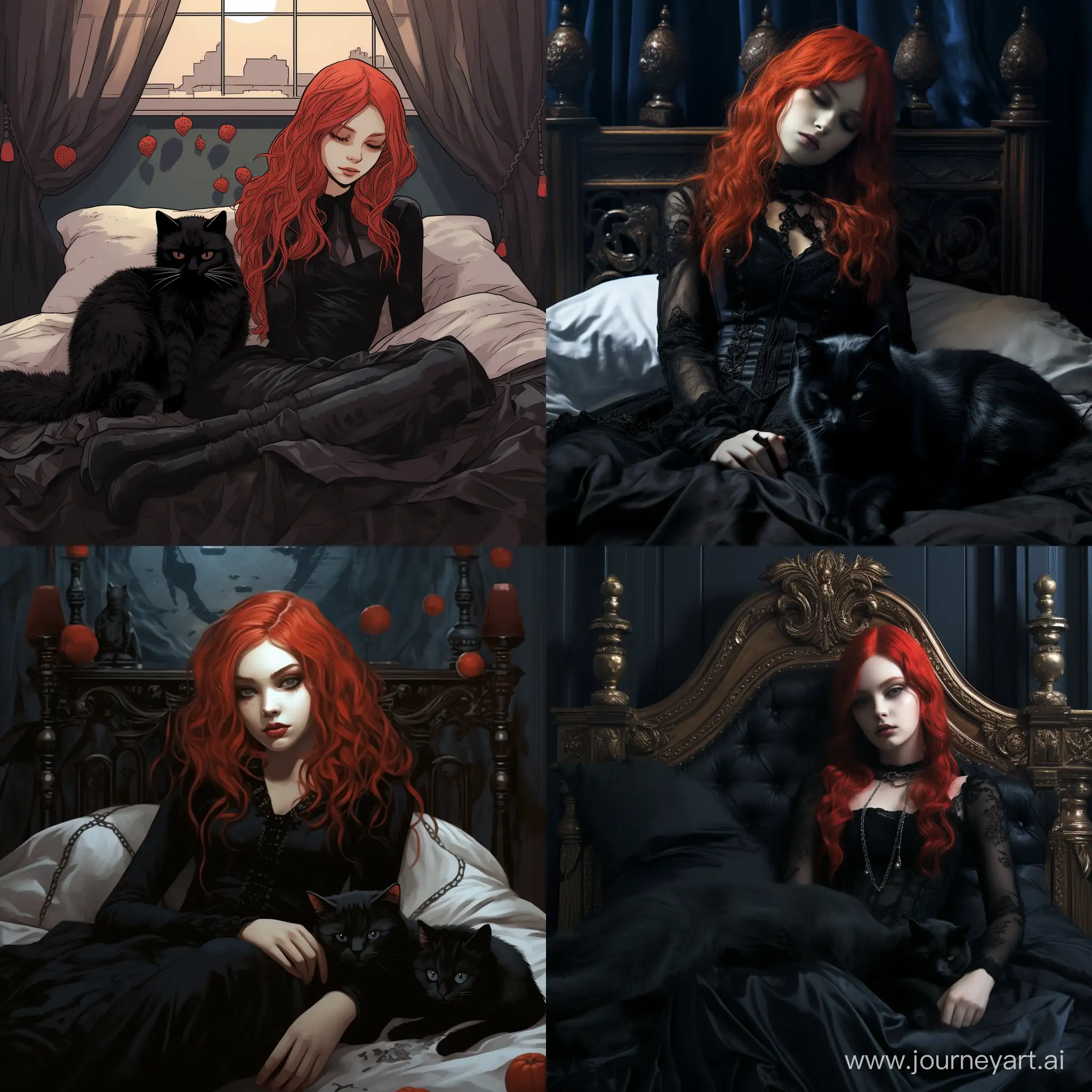 Gothic-Dreams-RedHaired-Girl-Sleeping-Beside-GothicStyle-Cat