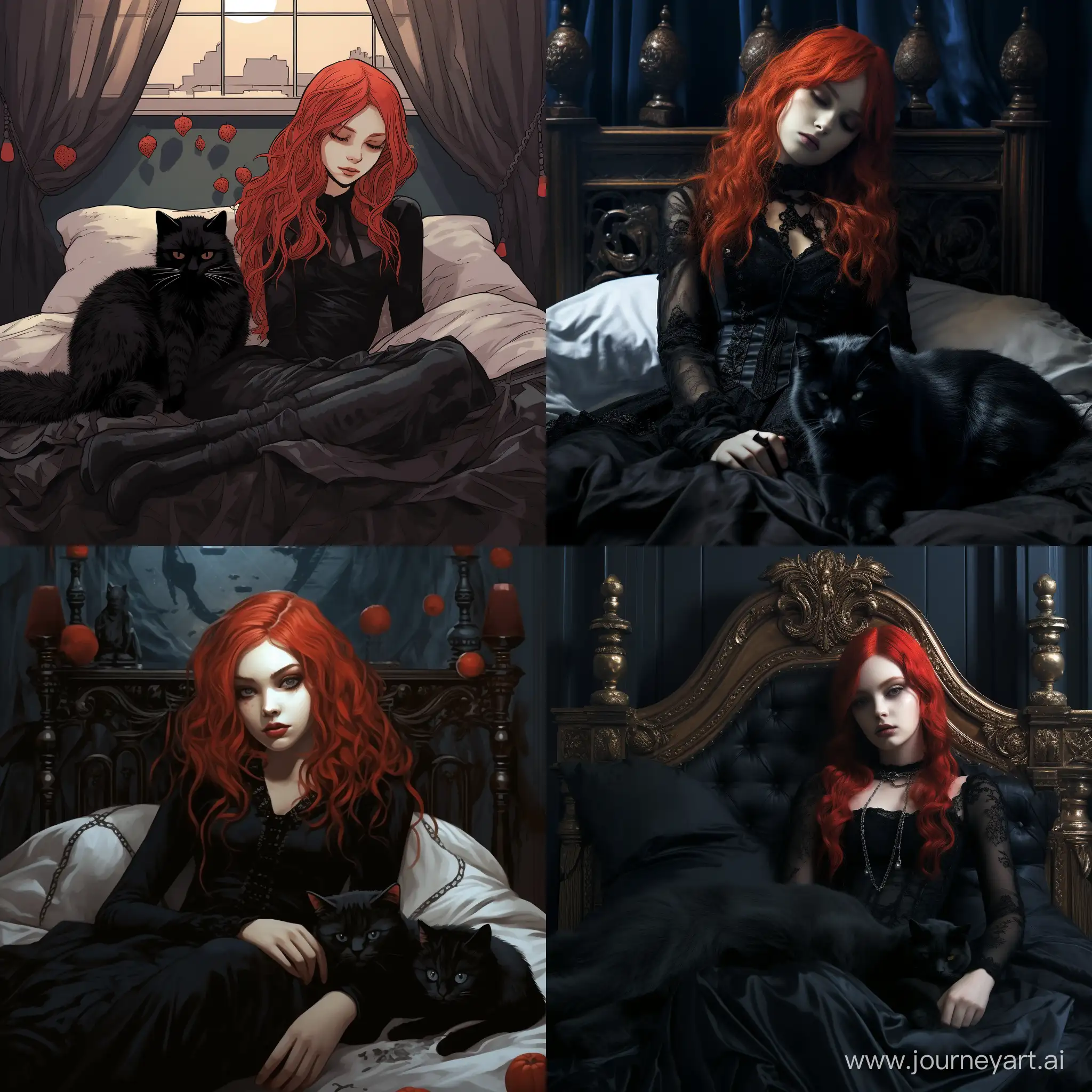 A girl with red hair in a black Gothic dress sleeps on a bed next to a Gothic-style cat