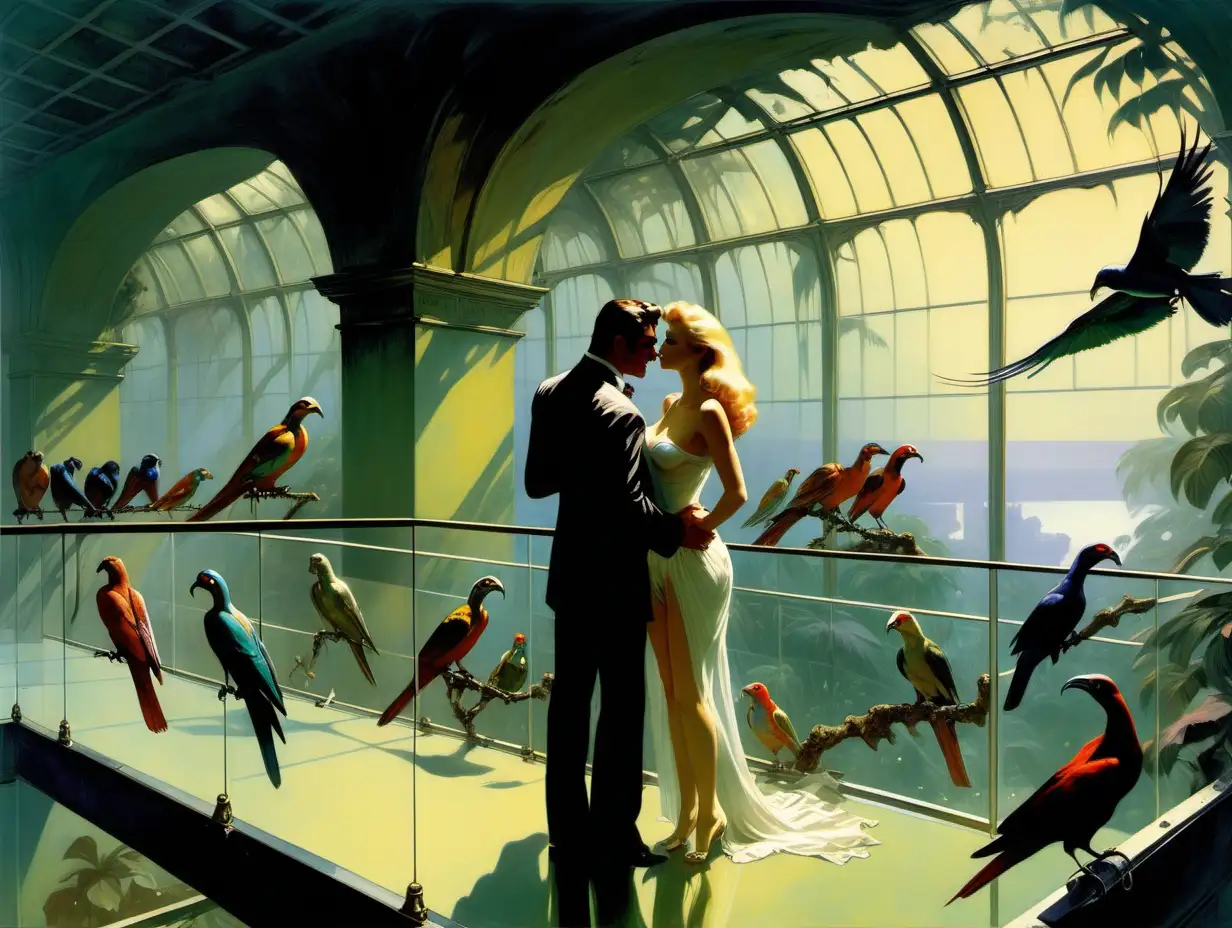 lovers ooking up at a glass walkway in an aviary filled with exotic birds in style of romanticism by Frank Frazetta
