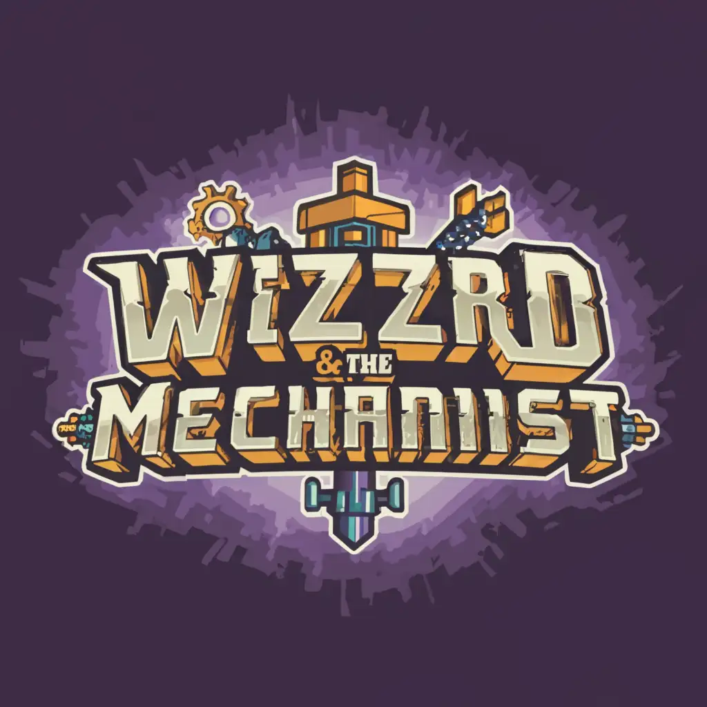 LOGO-Design-For-Wizard-and-the-Mechanist-Minecraft-Style-Text-with-Purple-Wizard-and-Steampunk-Mechanist