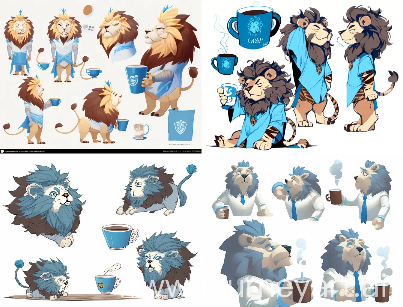 设计一个咖啡品牌的IP，主角是一个平面化，卡通化的冷峻傲娇而悠闲的，有点小成熟的蓝色狮子，他优雅从容在喝咖啡，咖啡杯上方飘着咖啡豆，三视图，前视图，侧视图，后视图，背景白色