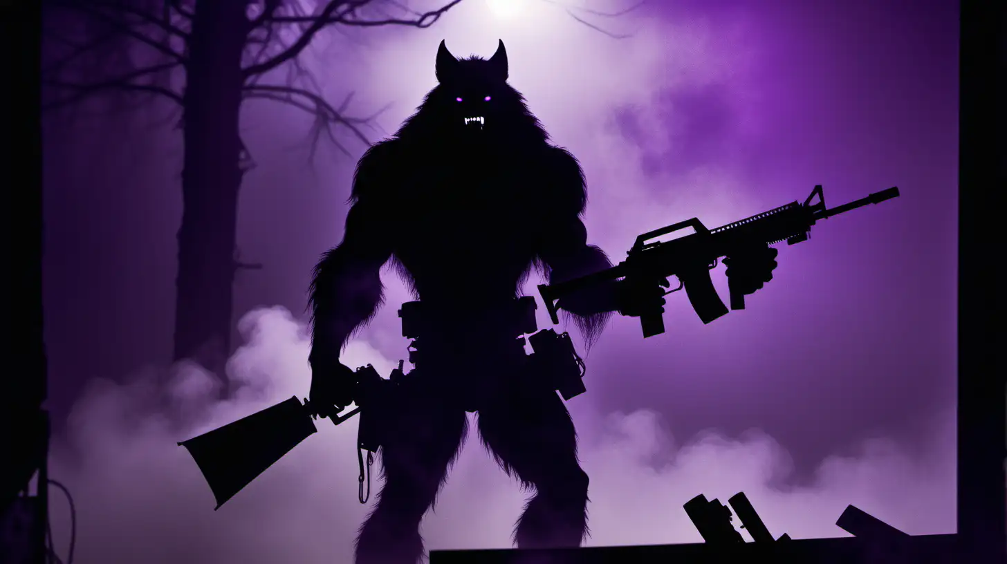 The silhouette of a mutated werewolf seen from behind holding a gatling gun in one hand, anthropomorphic, in a dimly lit scene with fog, monochrome purple noir film, 80s crime scene, dark theme --s 200 --style raw --ar 16:9 --v 6.0
