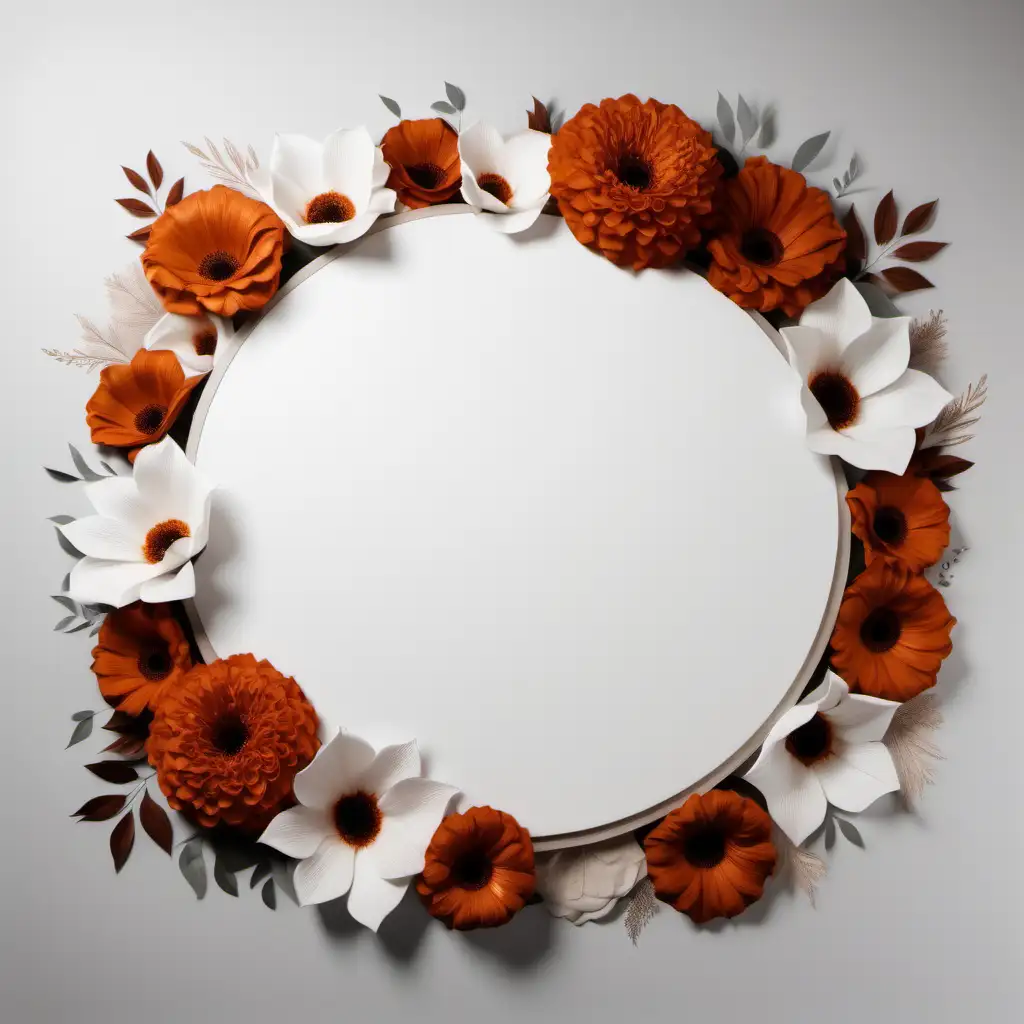 a 8x8 ft white background for a wedding design with burnt orange flowers on the edges and a round flower in the middle  