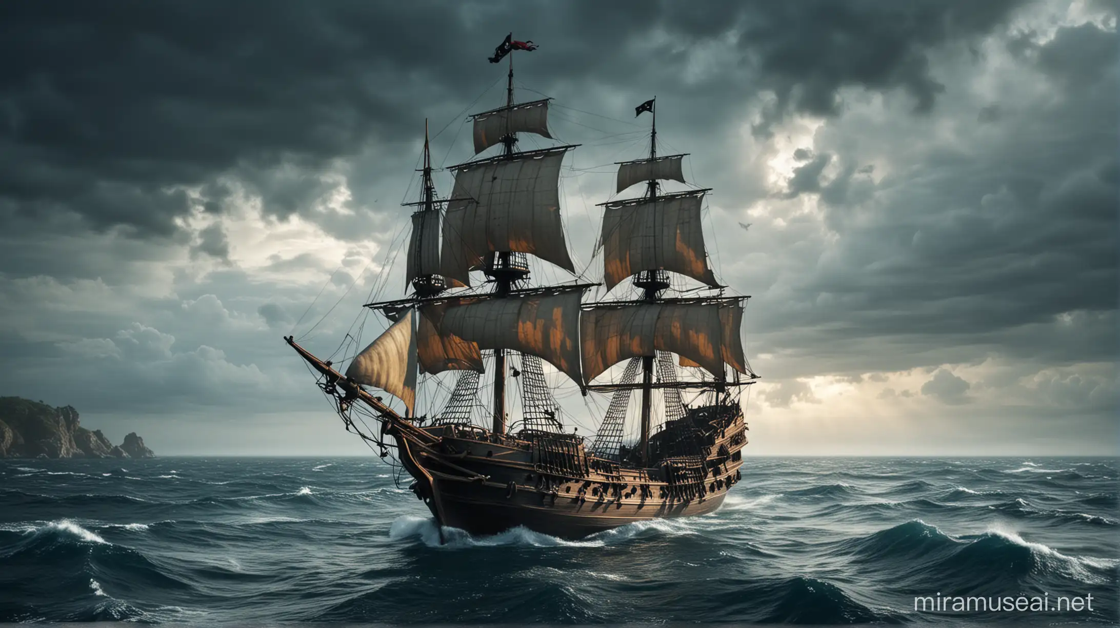 Pirates ship in the middle of ocean