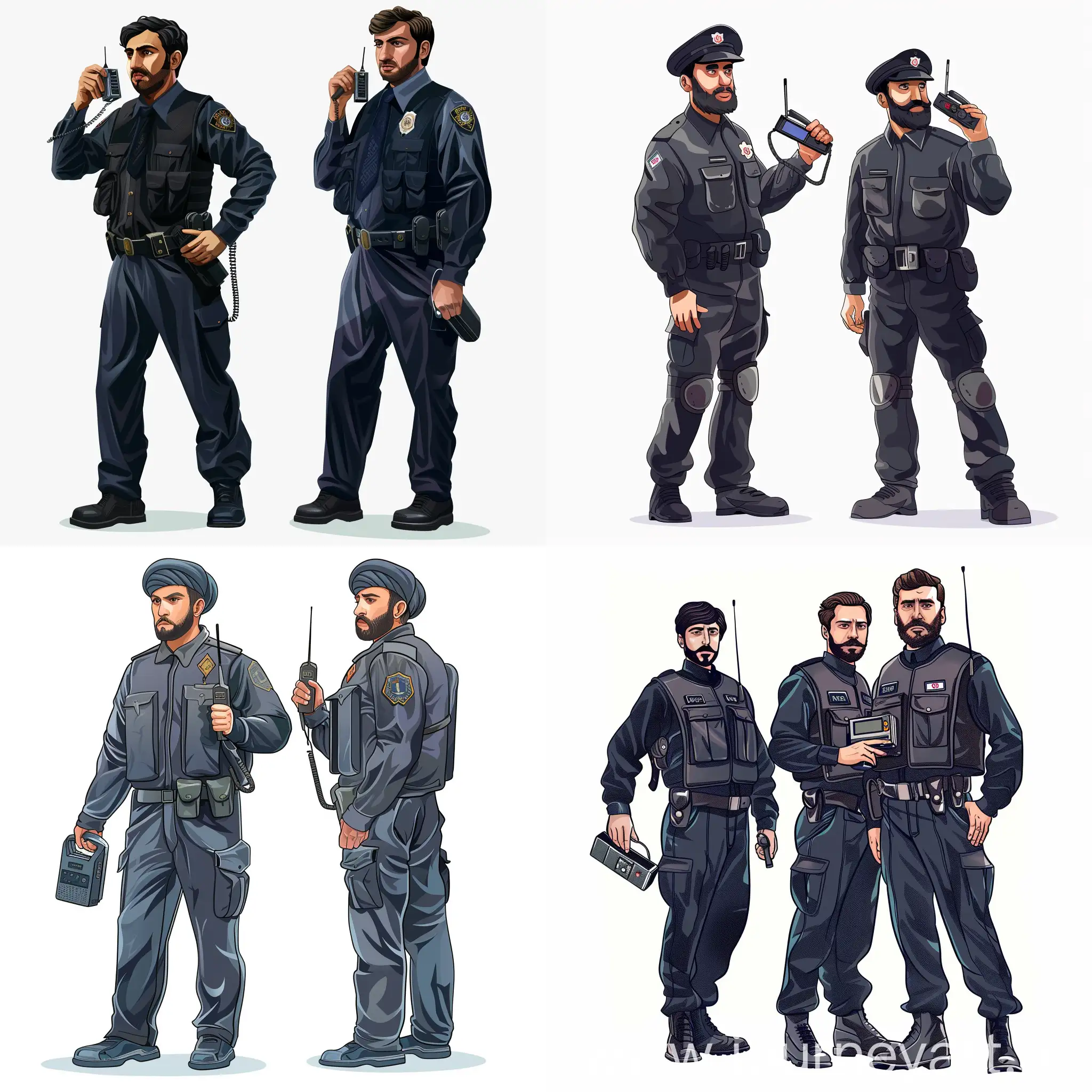 Two Iranian policemen with radios in hand in full body character illustration, simple white background 