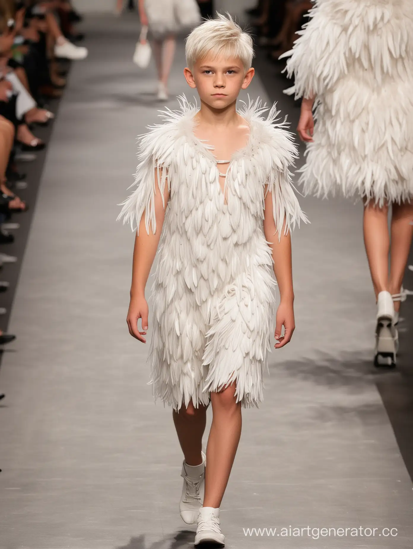 Boy-in-Feathered-Dress-with-White-Hair-Strutting-on-Catwalk