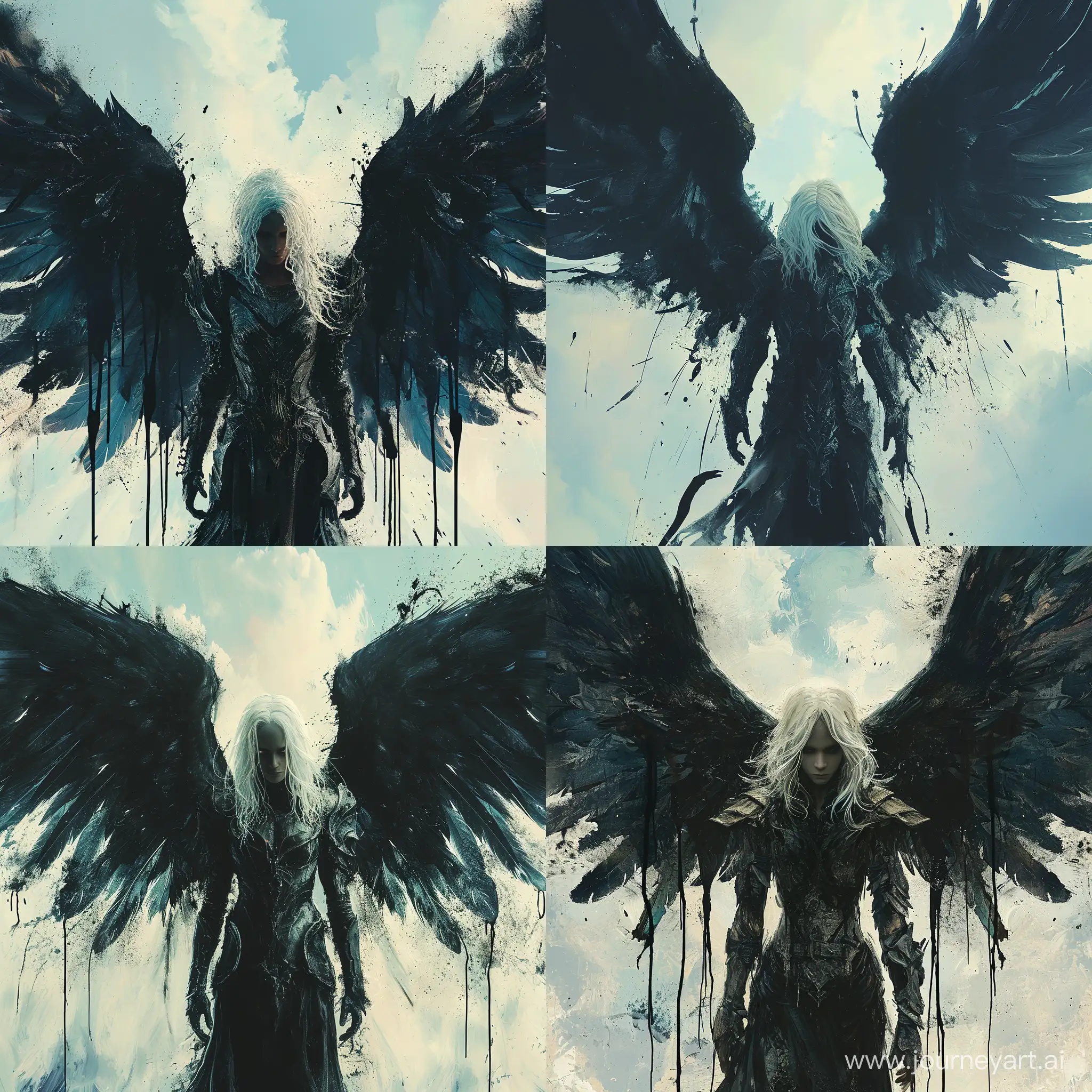 Intentional camera movement, dark angel with large black wings, standing in front of a sky background with white and blue hues, the angel has white hair and is wearing a armor-like outfit, the wings are spread out and there are black paint drips trailing from them, --s 250 --quality 2