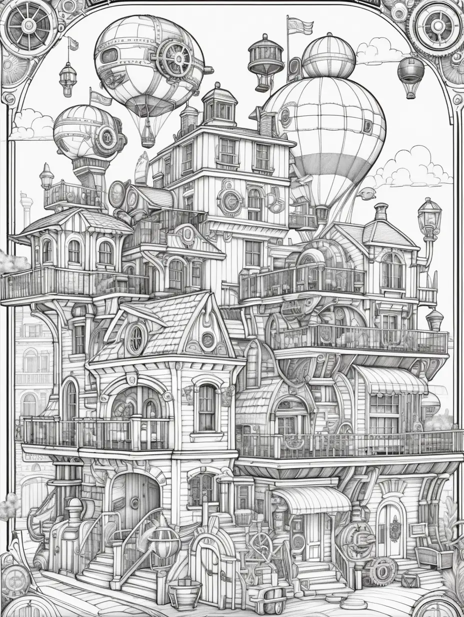 A Coloring book page, Steampunk-themed townhouses with gears, brass elements, and airship docks.  The outlines should be clean and suitable for coloring with a variety of materials.