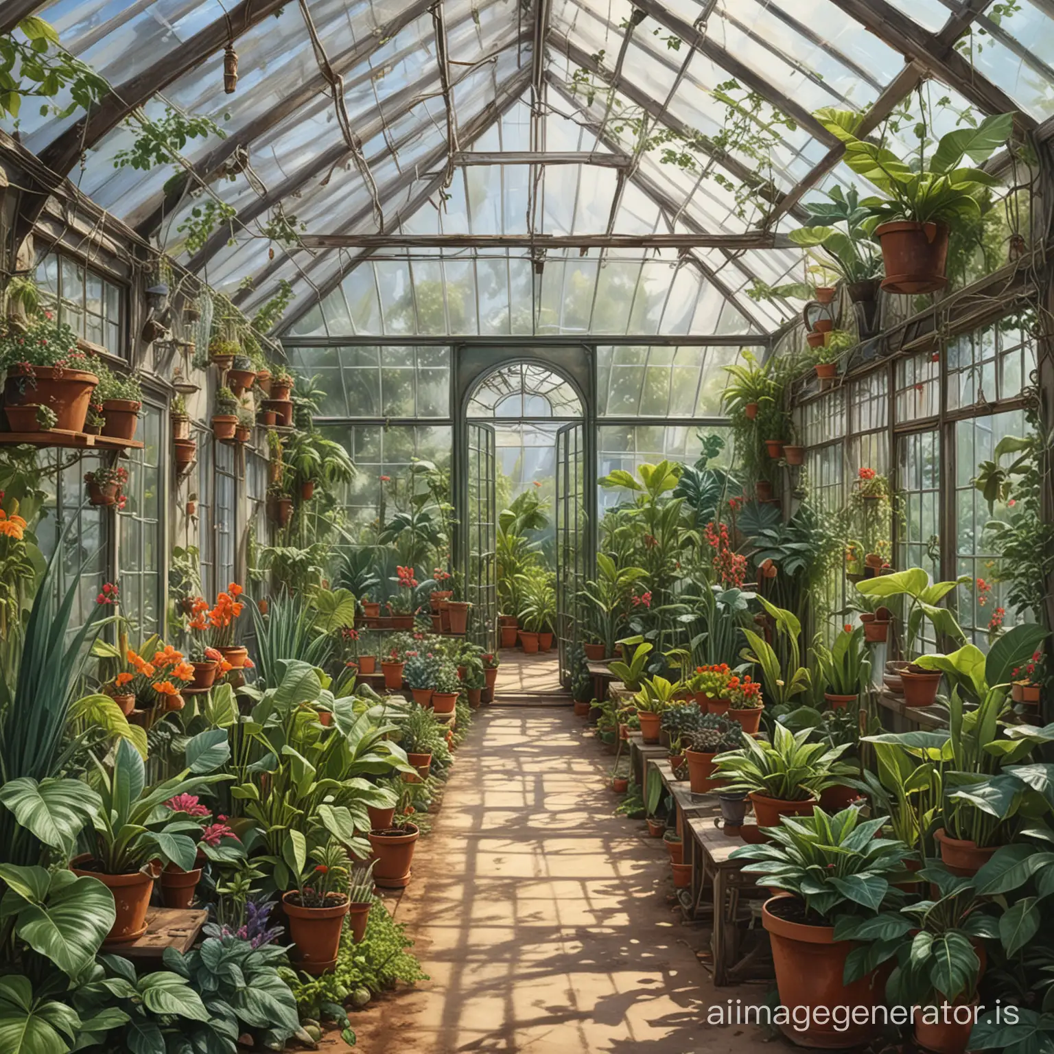 Greenhouse with exotic plants, fantasy art, no modern equipment, menor