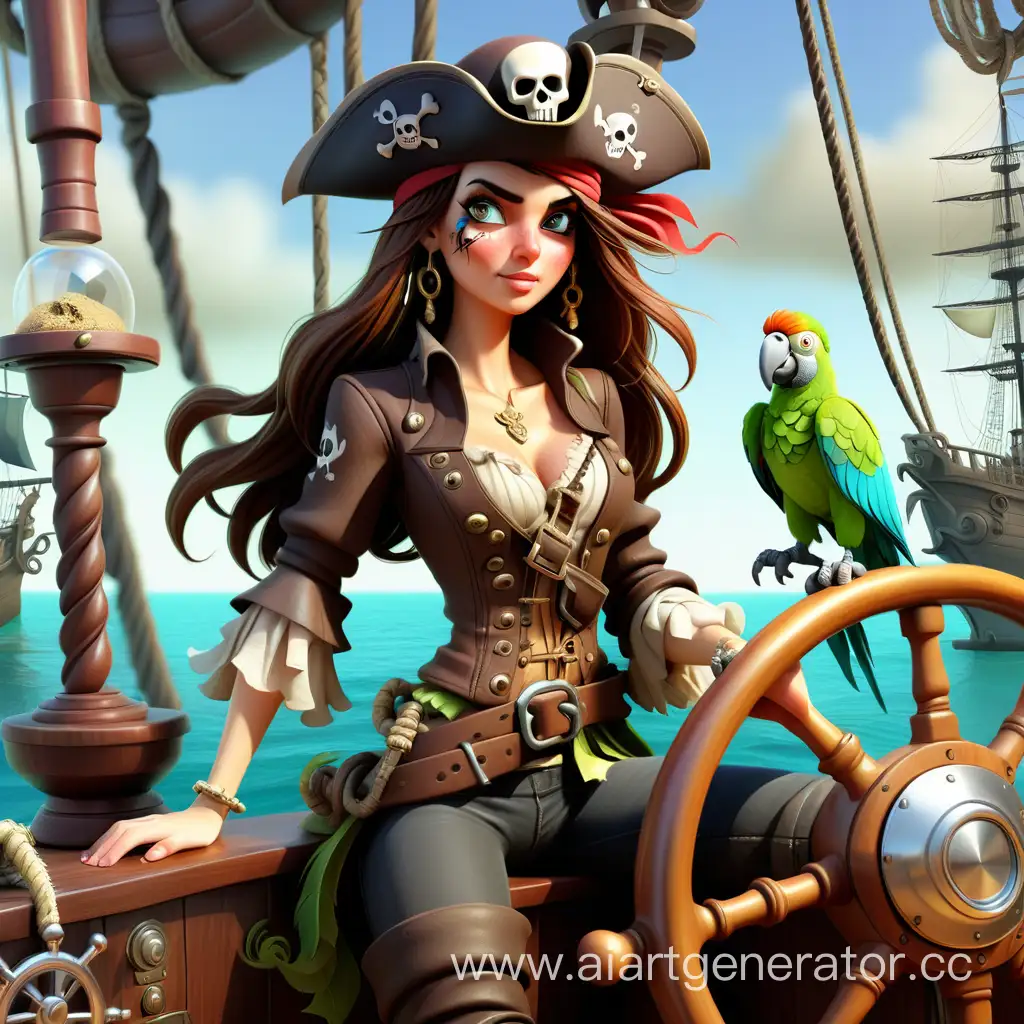 Girl,pirate, ship,parrot, fantasy,sea, nature,steering wheel, brunette,hat, beauty, intricate details, boots,rum