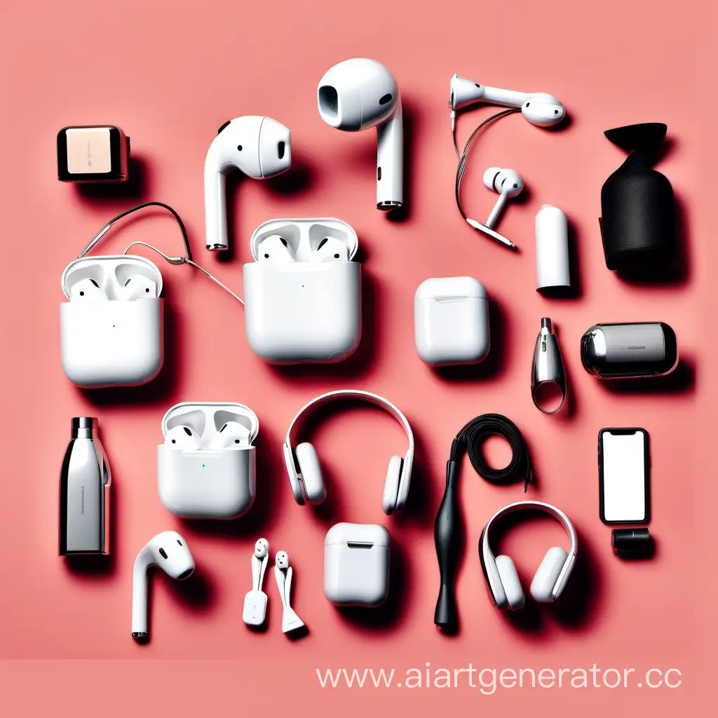 Рекламный баннер где изображены AirPods, наушники, часы, телефоны, аксессуары, стригальные машинки, фены, утюги и парфюм. в минимализме