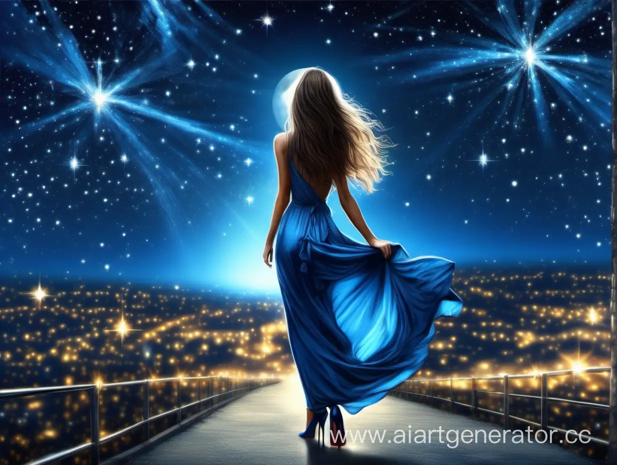 Девушка с длинными волосами,вид в полный рост спиной,синее красивое  платье, блики, ночь, звезды,каблуки,красивая фигура,очень высокая детализация, фотореалестичность