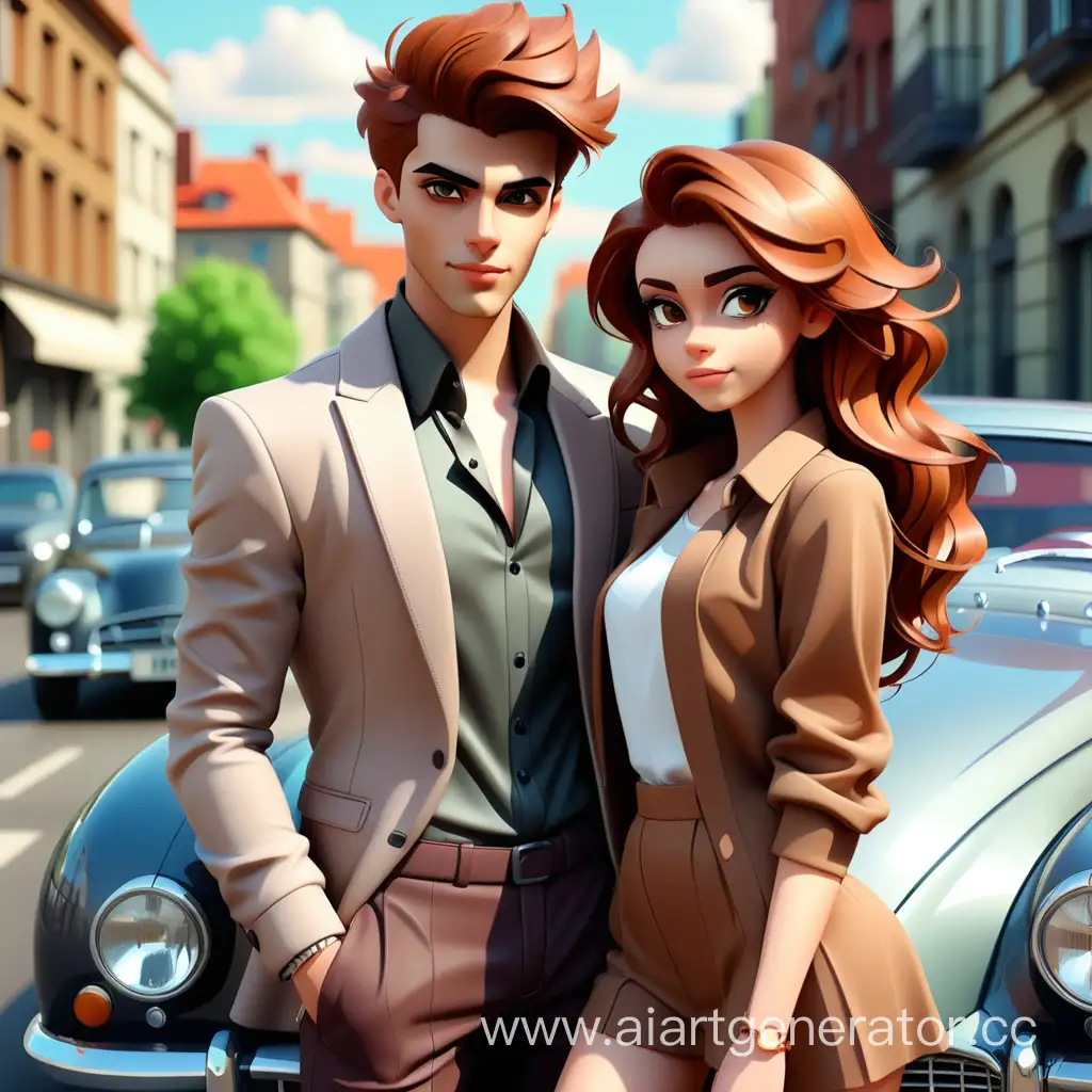 стильно одетый парень шатен, рядом стильно одетая девушка с ольховым цветом волос, на фоне город и красивая машина 