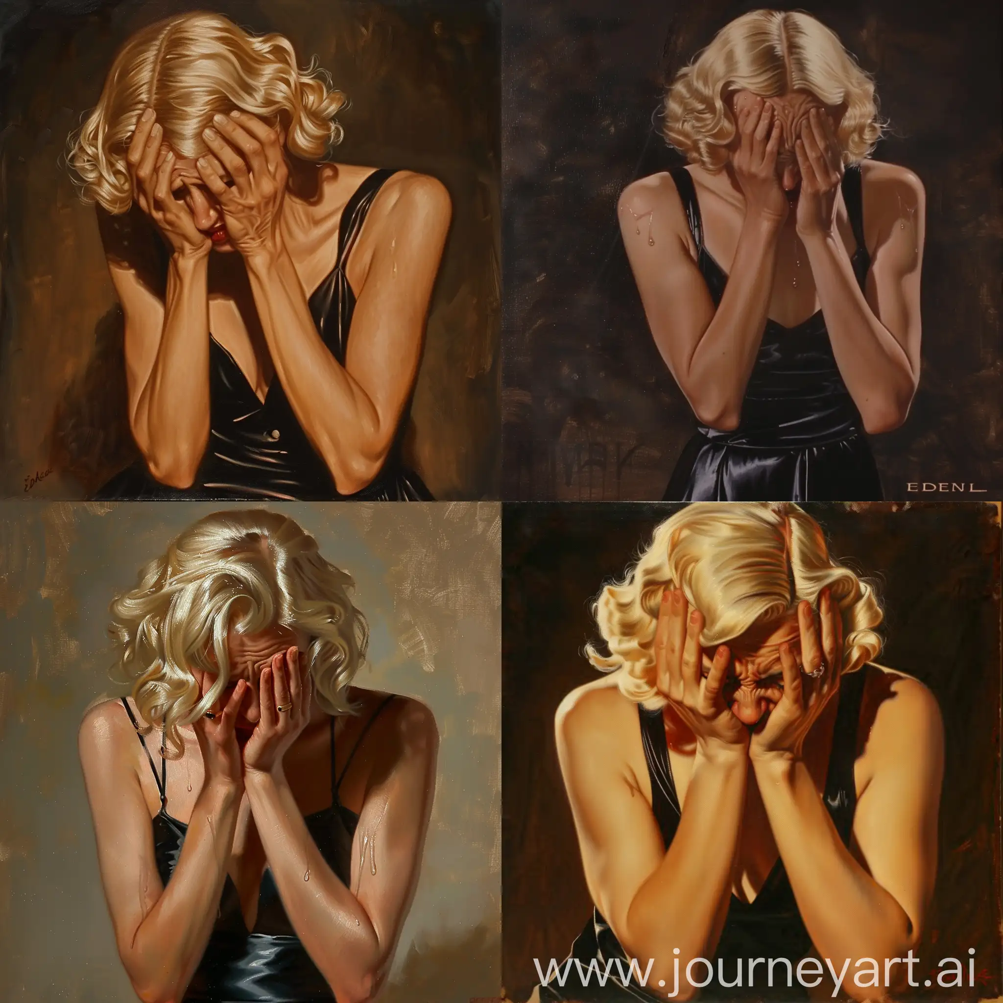 1930’s sad and crying blonde woman in a black satin slip dress hiding her face with her hands, motion, edward hopper style, vintage oil painting