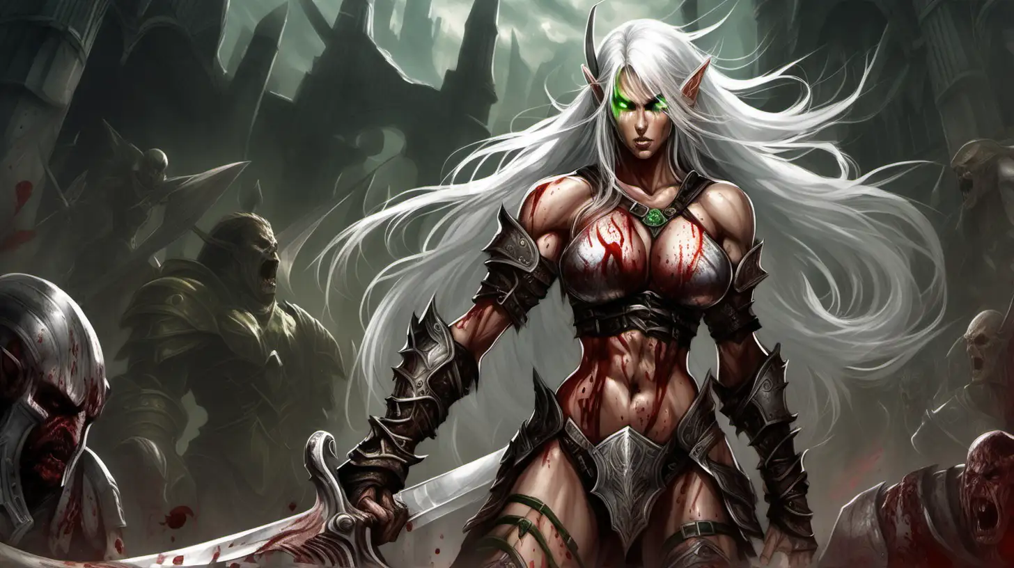 muscular berserker elf female with dark tan skin, long white hair, very long ears, strong abdominal muscles, large breasts, green eyes,  holding a single gigantic great sword, action pose, covered in blood, skimpy torn armor,