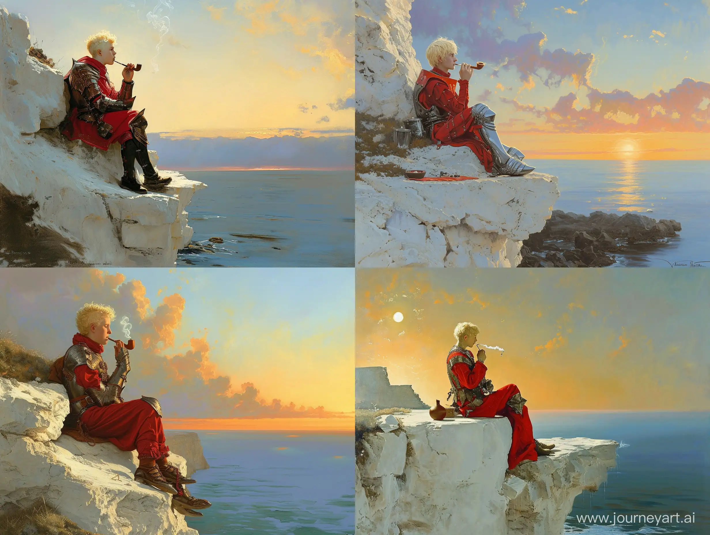 Norman Rockwell: Rocky landscape. A handsome blonde moppy hair 18 year old boy wearing red underneath immaculate medieval knight’s armor sits on an immaculate white stone cliff over the calm ocean at sunset. Smoking opium from a large pipe. Beautiful sky. Beautiful vast white stone cliff bluff over the ocean. Rembrandt van rijn, baroque