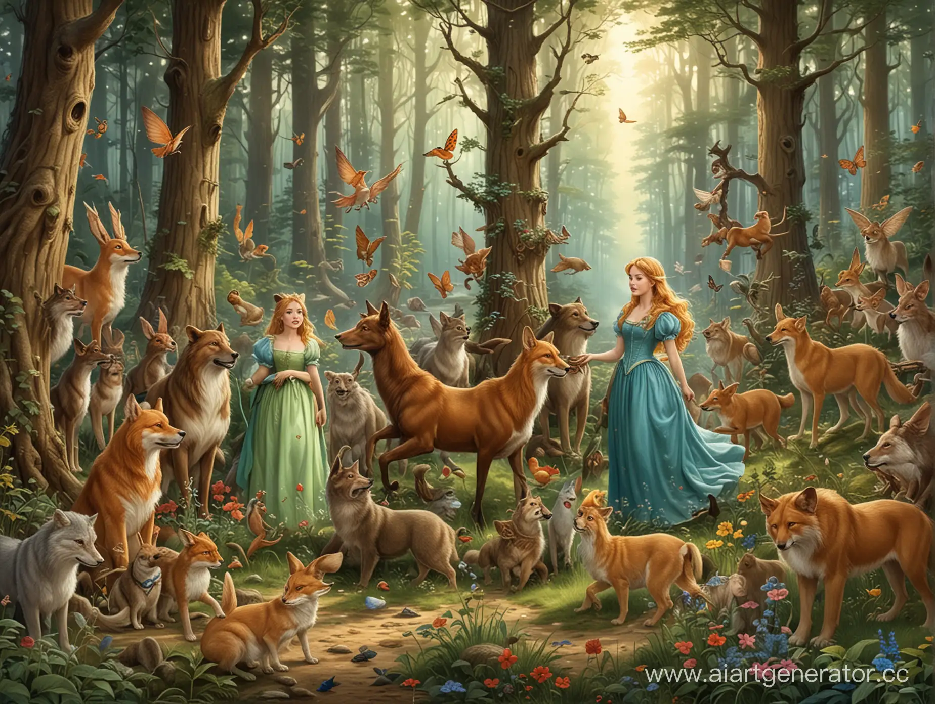 Сказки, сказочные персонажи, герои сказок, сказочный лес, много животных