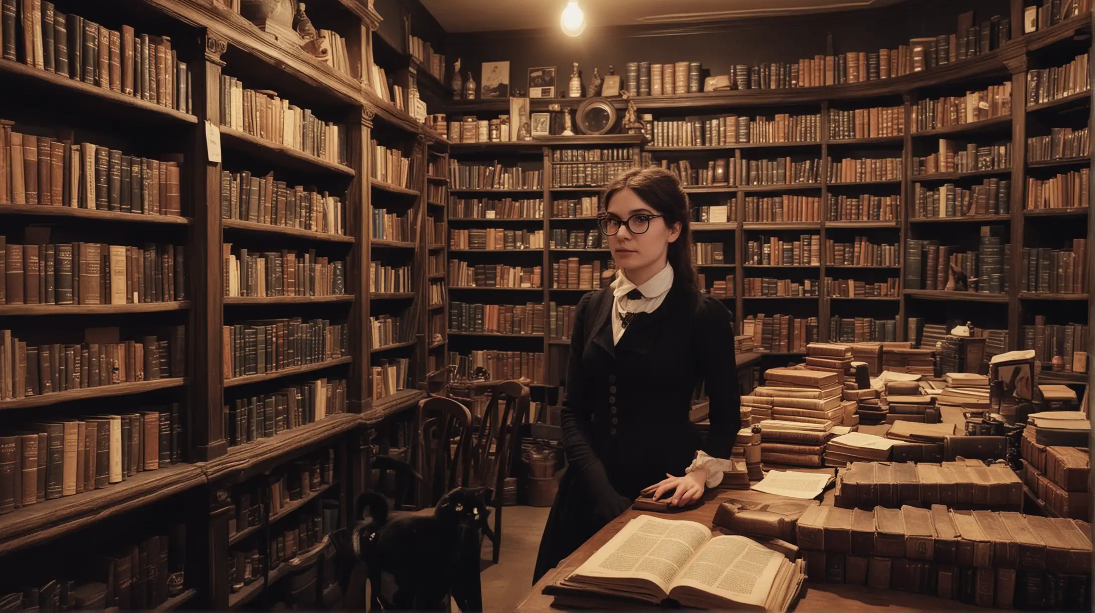 imagine inside a 19th century Edinburgh apothecary and occult book shop, occult, poky, books and spells, pretty but geeky library shop girl, black cat, moonlight