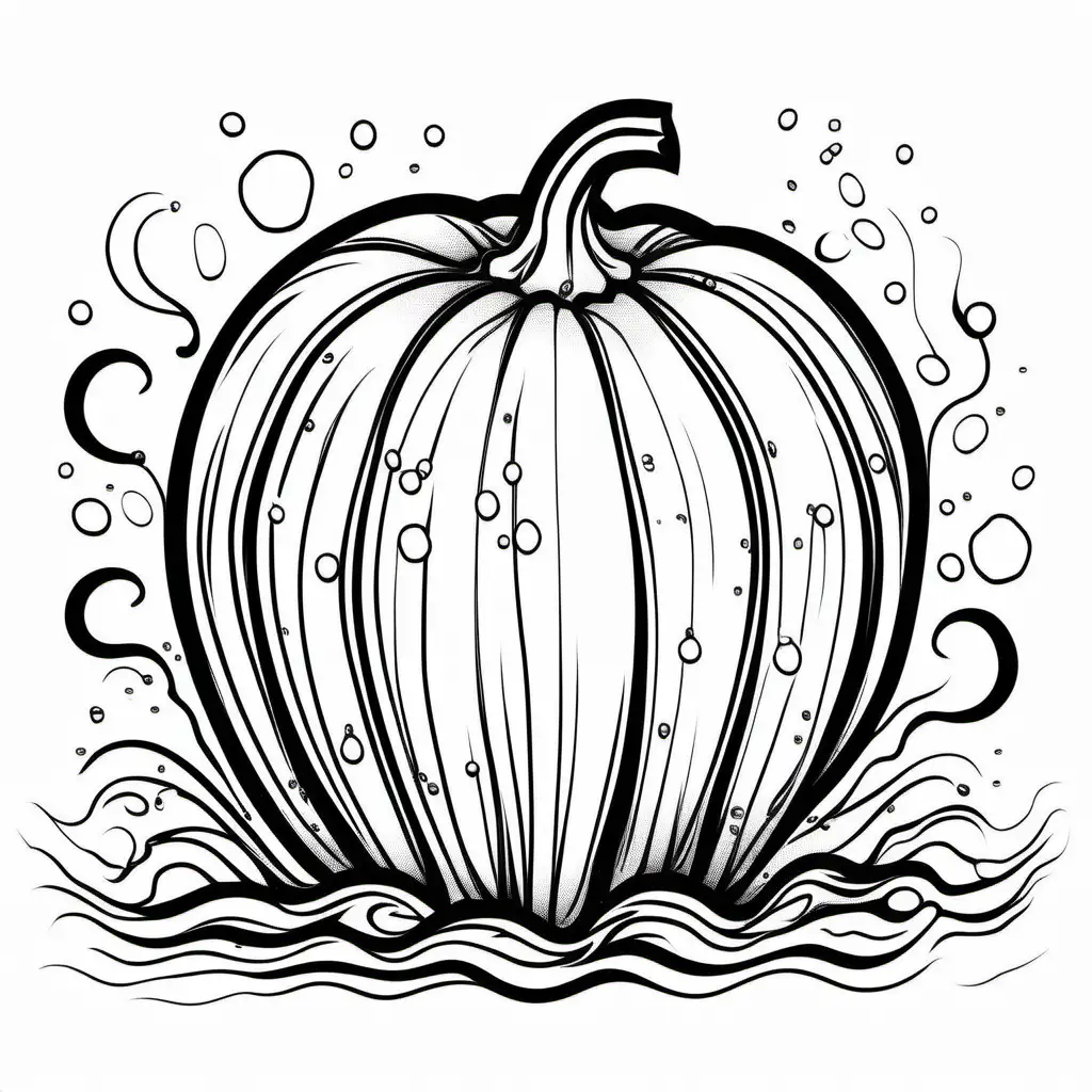 water splashes forming a pumpkin shape, Coloring Page, black and white, line art, white background, Simplicity, Ample White Space. The background of the coloring page is plain white to make it easy for young children to color within the lines. The outlines of all the subjects are easy to distinguish, making it simple for kids to color without too much difficulty