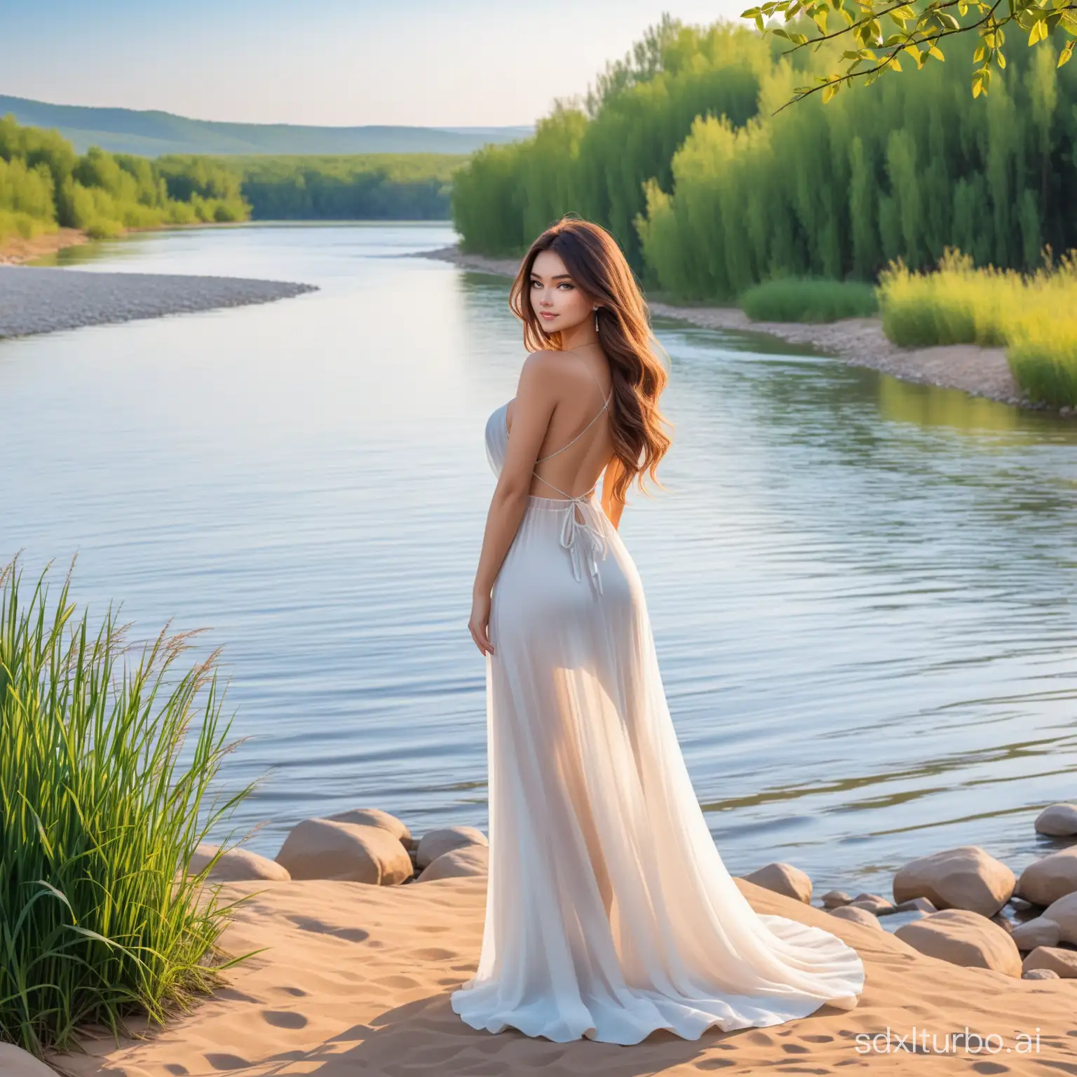The background of the beautiful woman by the river