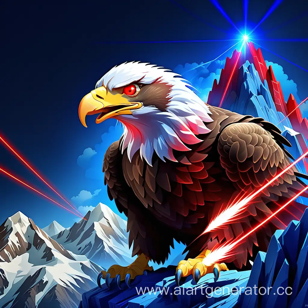 Majestic-Eagle-Soaring-Over-Mountain-Peaks-with-Intense-Blue-Sky-and-Red-Laser-Beams