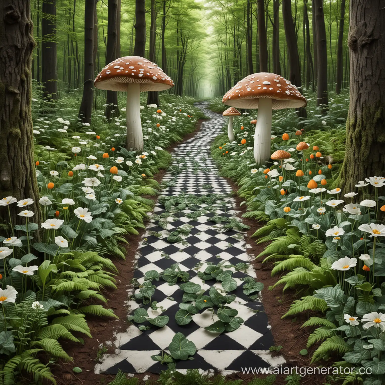 Fantasy-Nature-Walk-Enchanting-Green-Forest-with-Vibrant-Flowers-and-Huge-Fungi