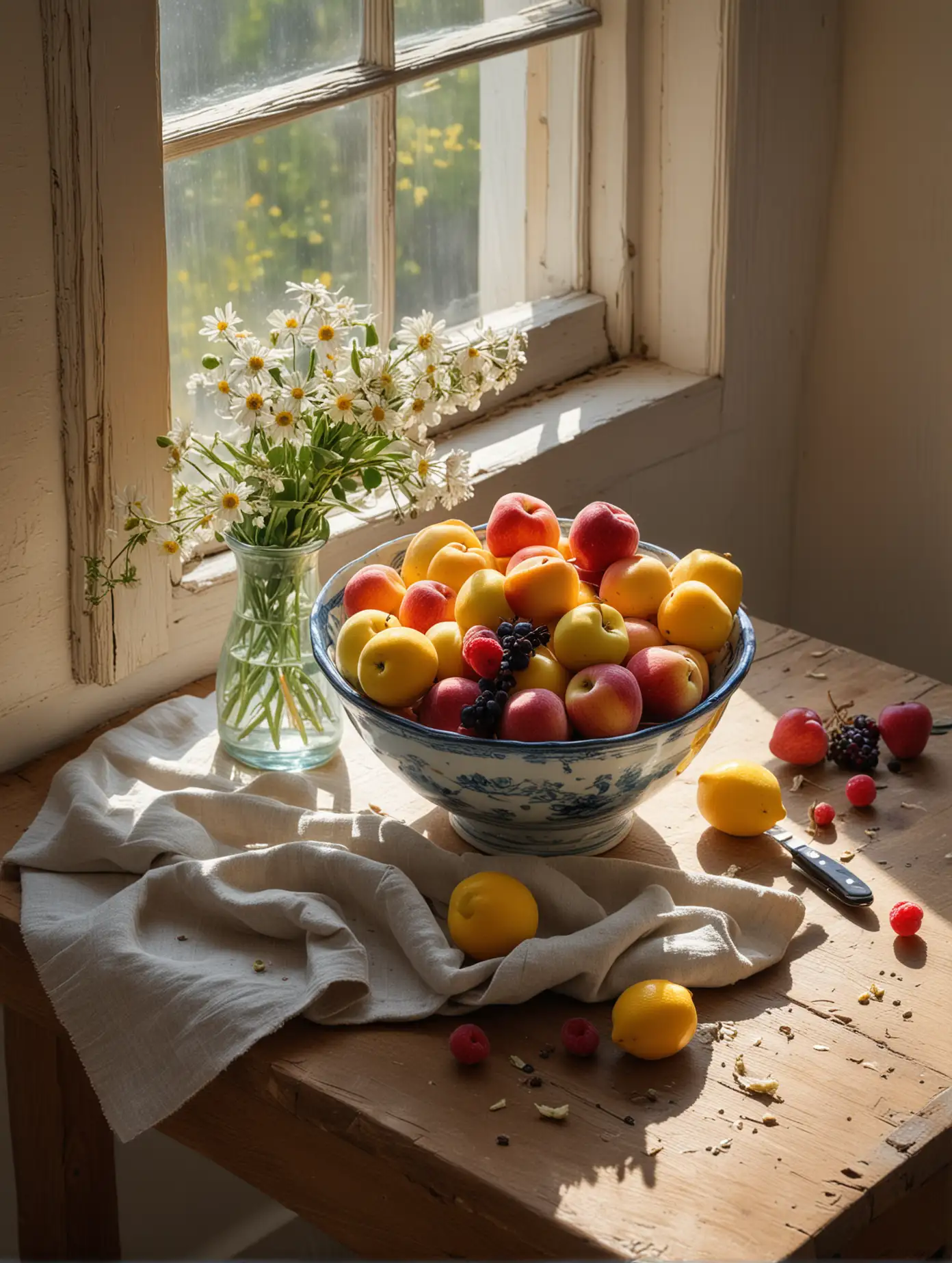 Still life in style of van gogh of one  bowl of fruit on wood table with some loose fruit table sunlight coming through a window and a small knife on a small plate cloth on the table with a small vase of cut flowers nearby