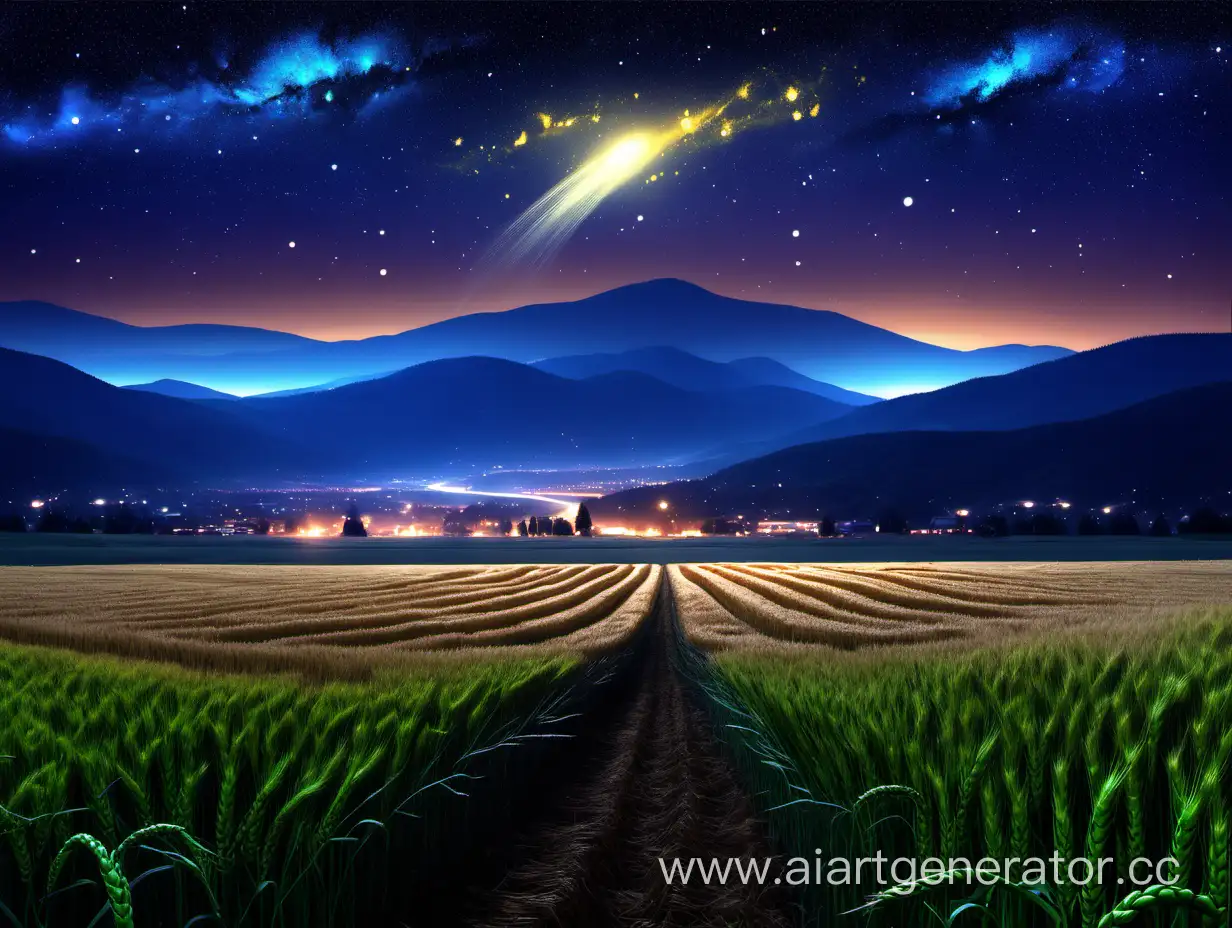 инопланетянин, вечер,  звездное небо,  горы, пшеничное поле