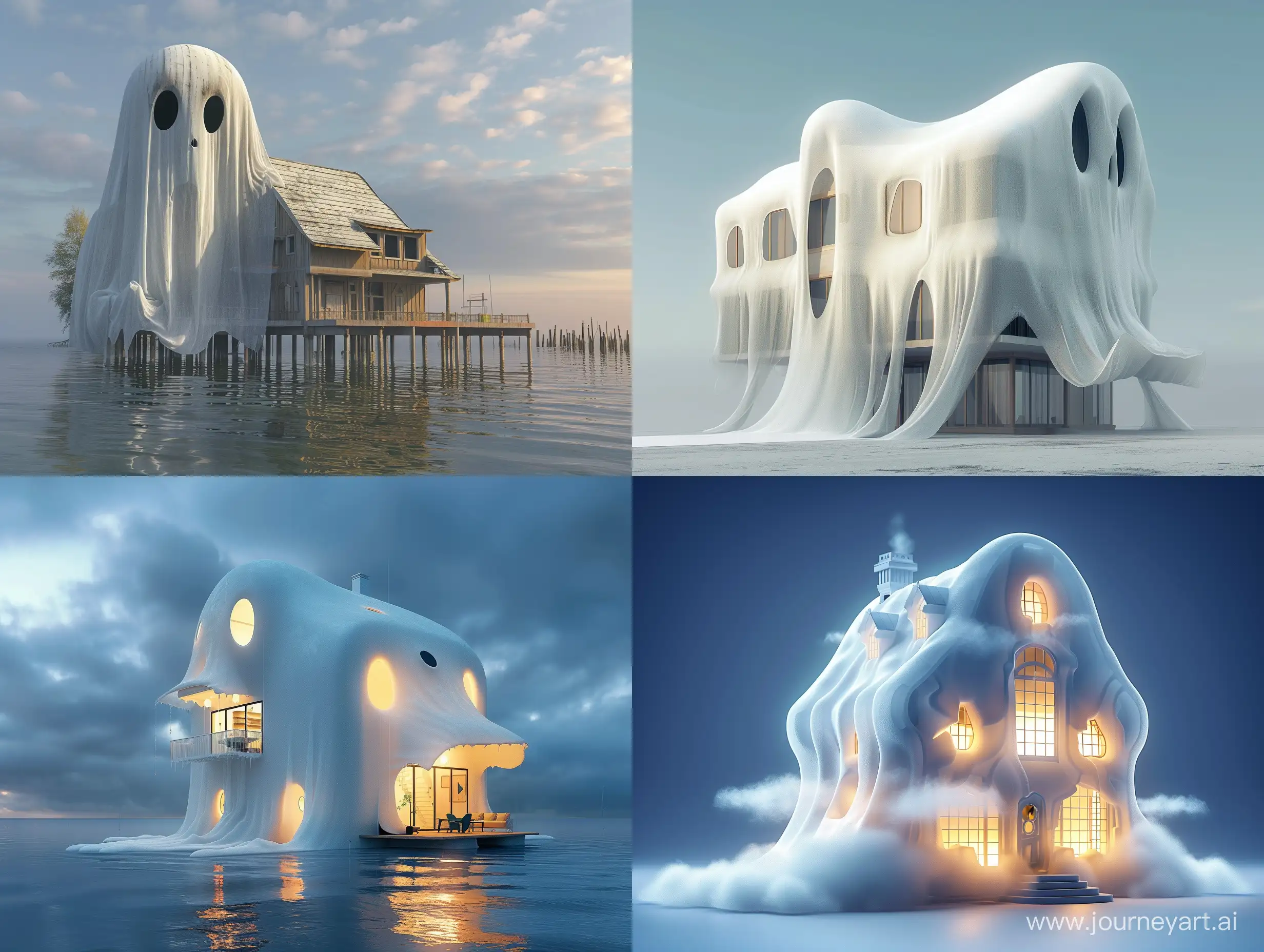 house in the shape of ghost, fantasy style, realistic