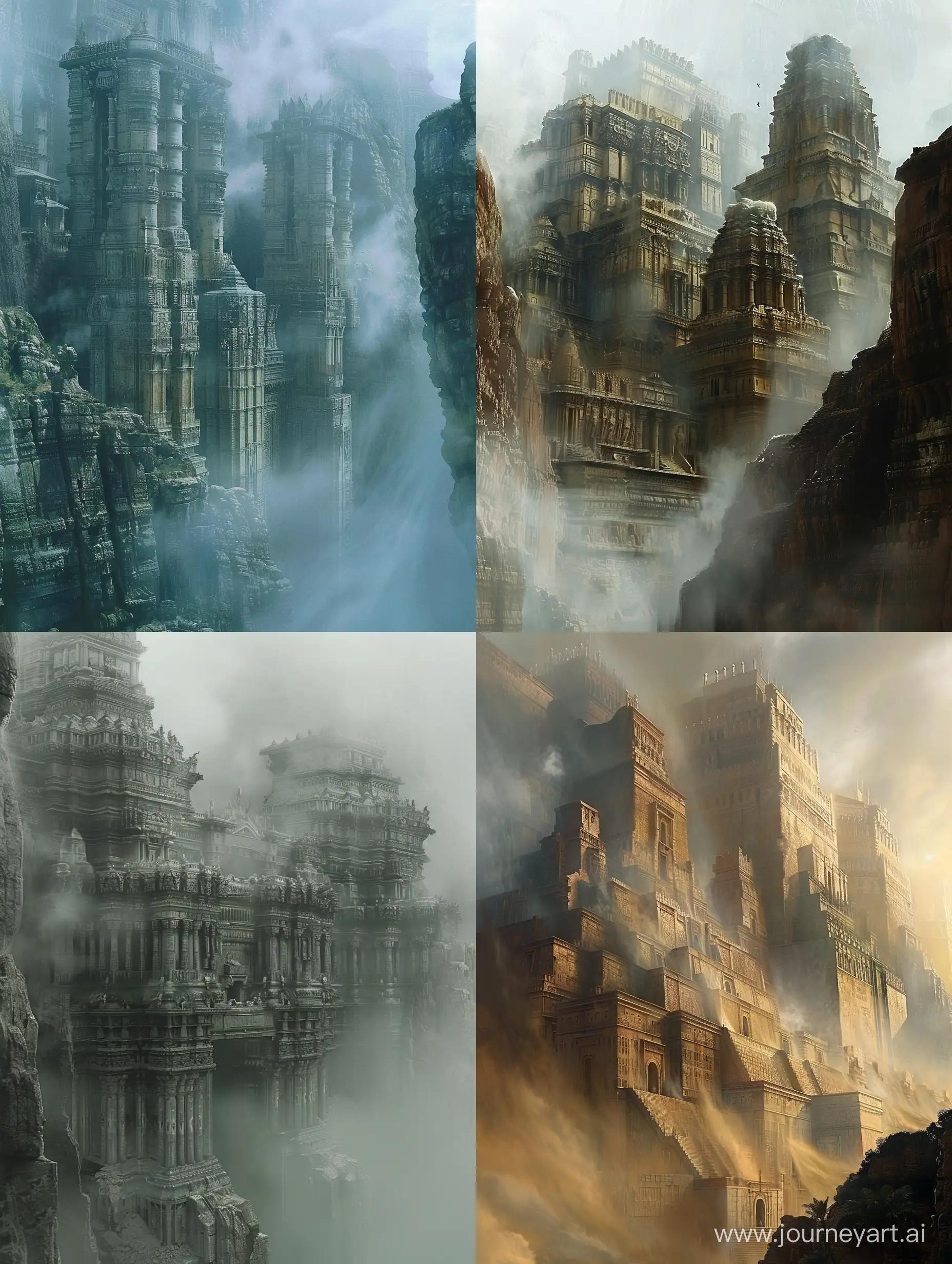 Fantasy-style world scenes, towering ancient buildings, shrouded in mist, mythology.