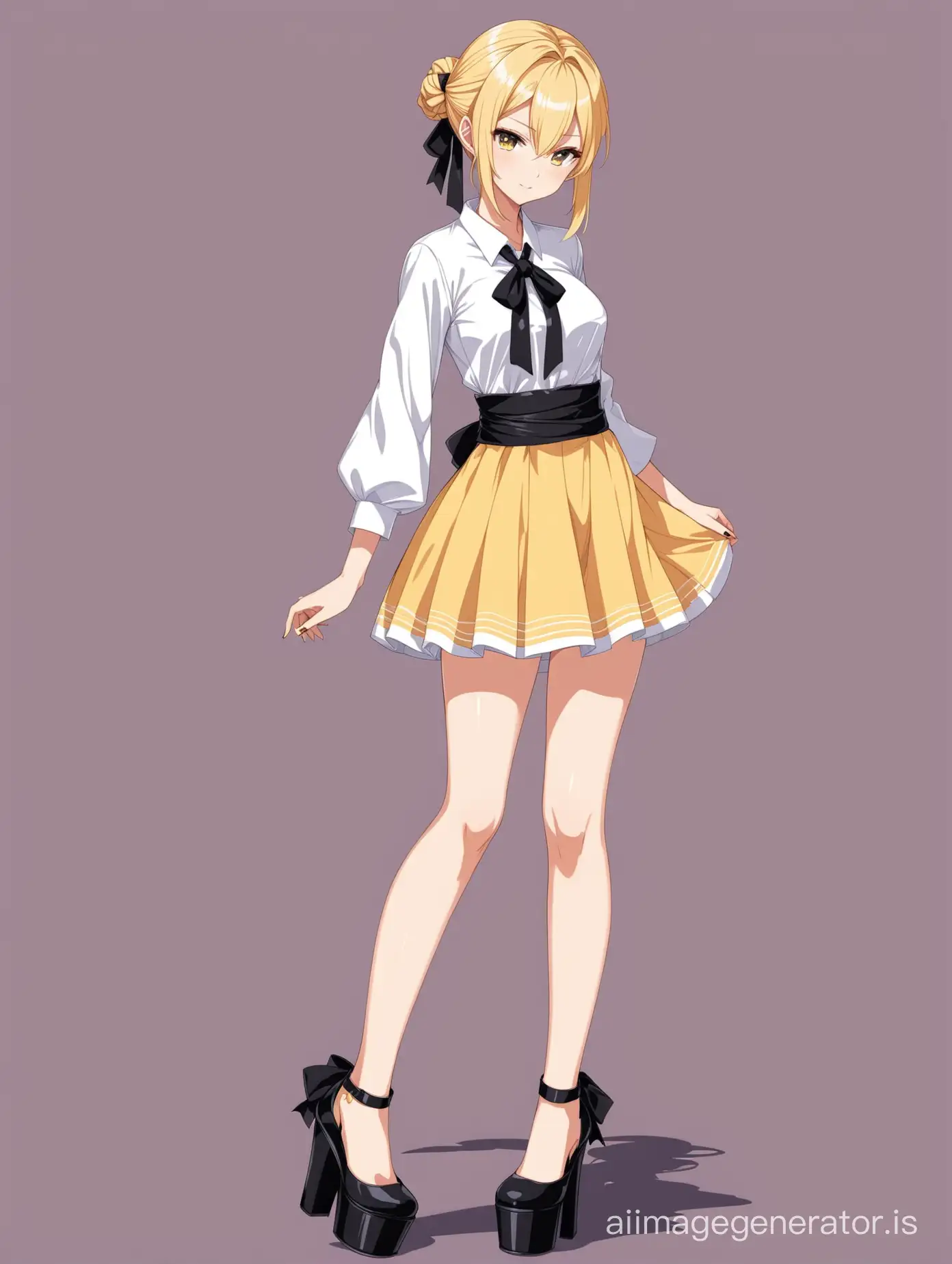 Full body image of a blonde anime maiden girl with tied hair wearing platform pumps high heels with ankle strip