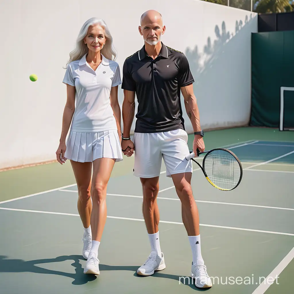 Elegant Mature Woman and Young Athletic Man on Tennis Court