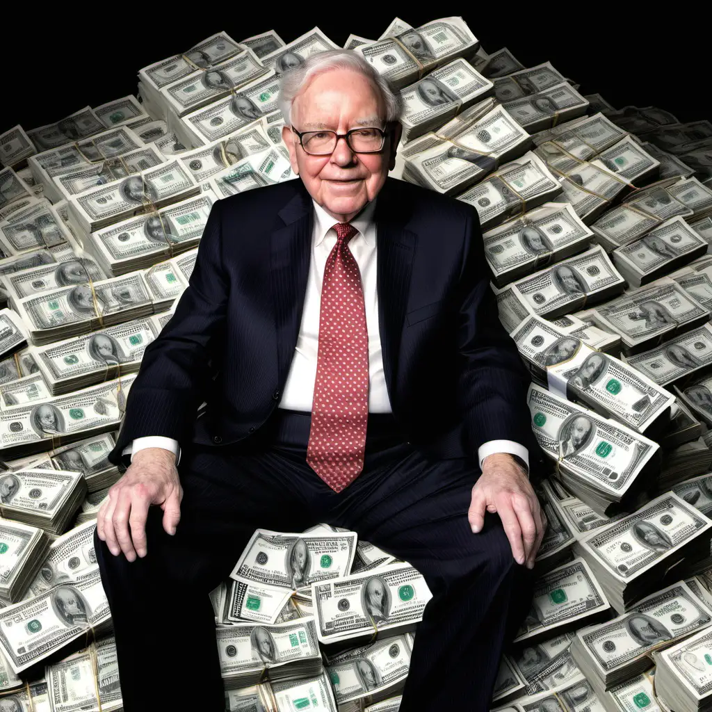 A picture of Warren buffet sitting on a large pile of cash.