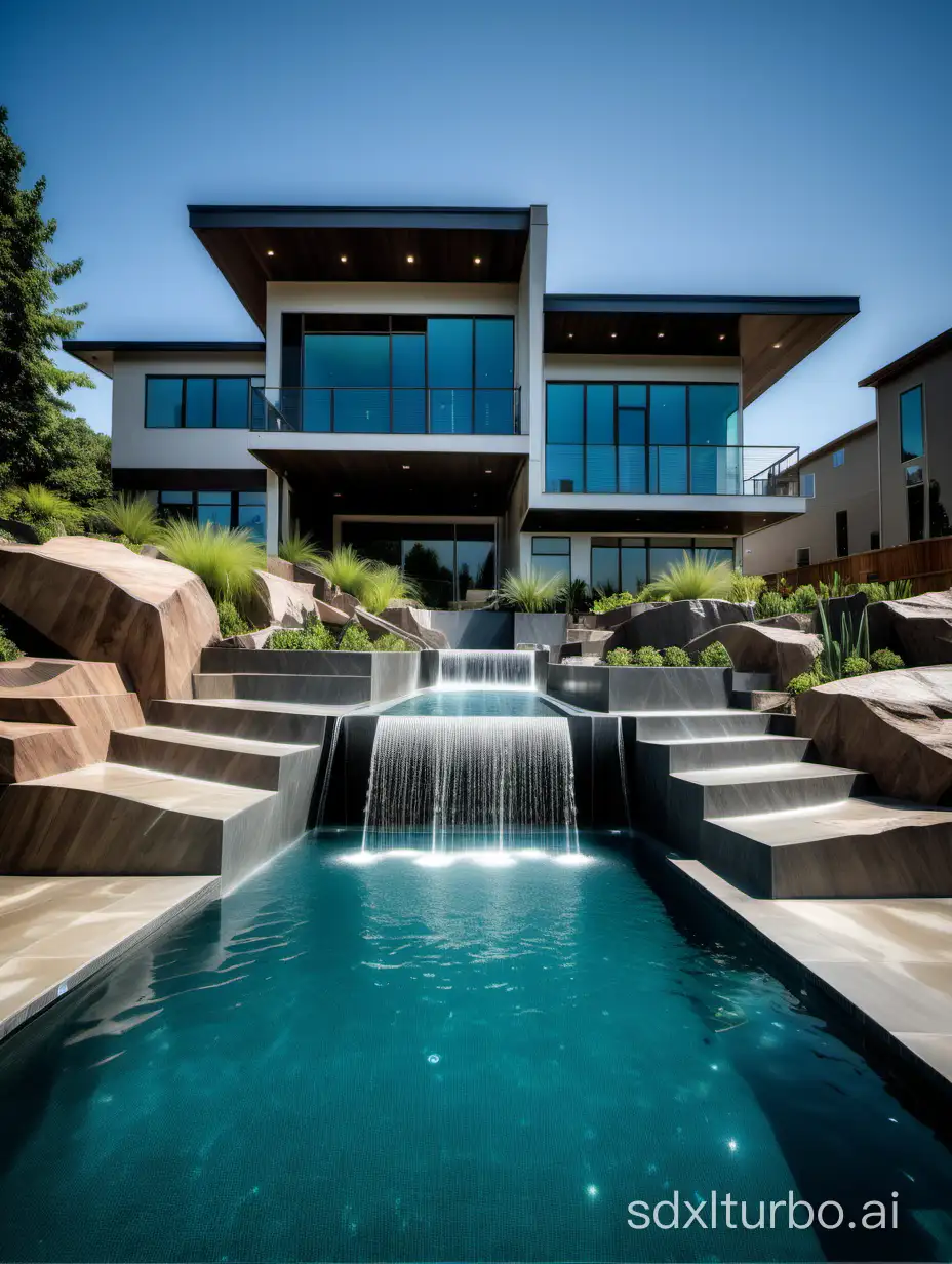 swimming pool with water jets, slide, and waterfalls behind a modern house