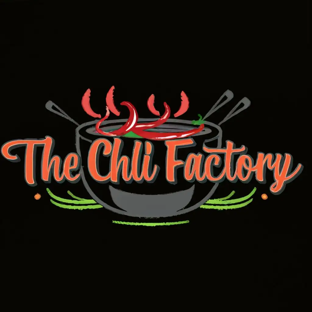 logo, Black pot, red chilis, and spoons, with the text "The Chili Factory", typography, be used in Restaurant industry