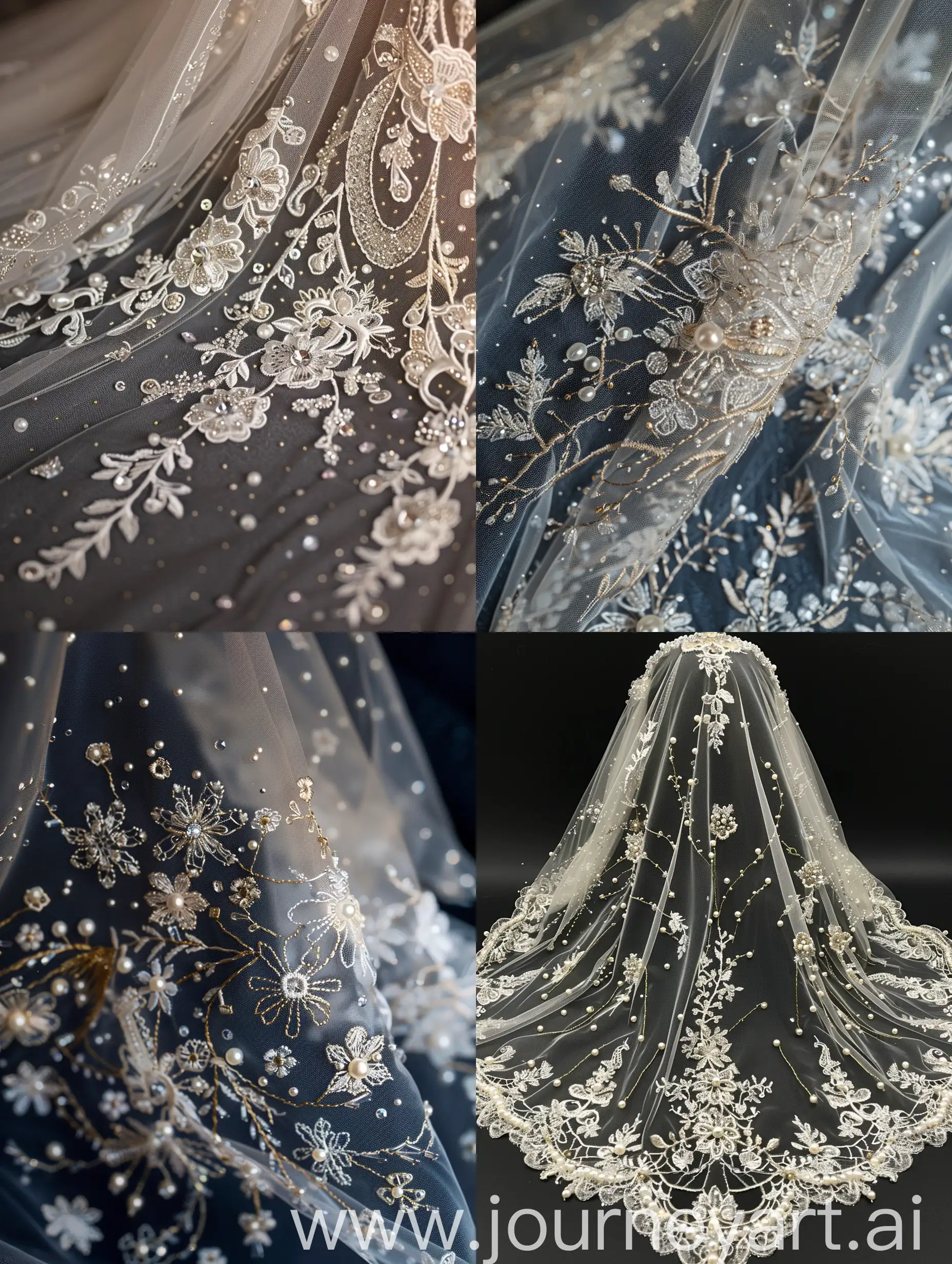 Crystal, diamond, pearl, lace, gold thread, silver thread, embroidery, bride's veil