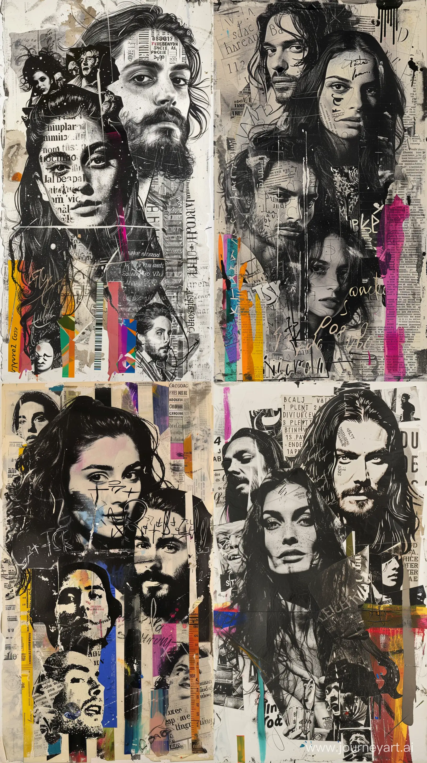 Black and white dadaist collage of a beautiful italian woman and a man with long hair with words and many faces on old paper:4, strips of colorful paint: 2, full contrast --ar 9:16 --v 6