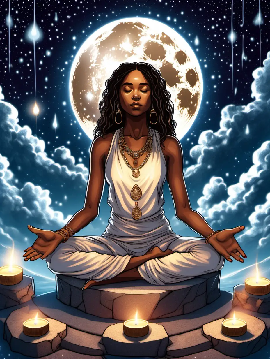 drawing of a beautiful mixed-race ethnic woman sitting in meditation on a ritual podium with candles and crystals around her. She surrounded by etheric energy. heavy full moon in the sky. hide hands and feet