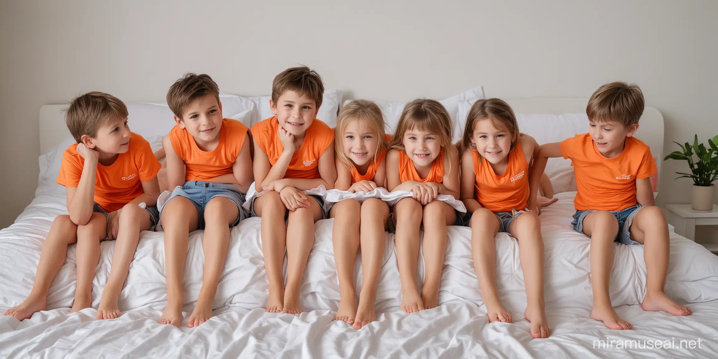 a row of children wearing sleeveless orange shirt, they have short shorts, they are barefoot lying down in a white bed, they are showing his feet to you, they are lying down