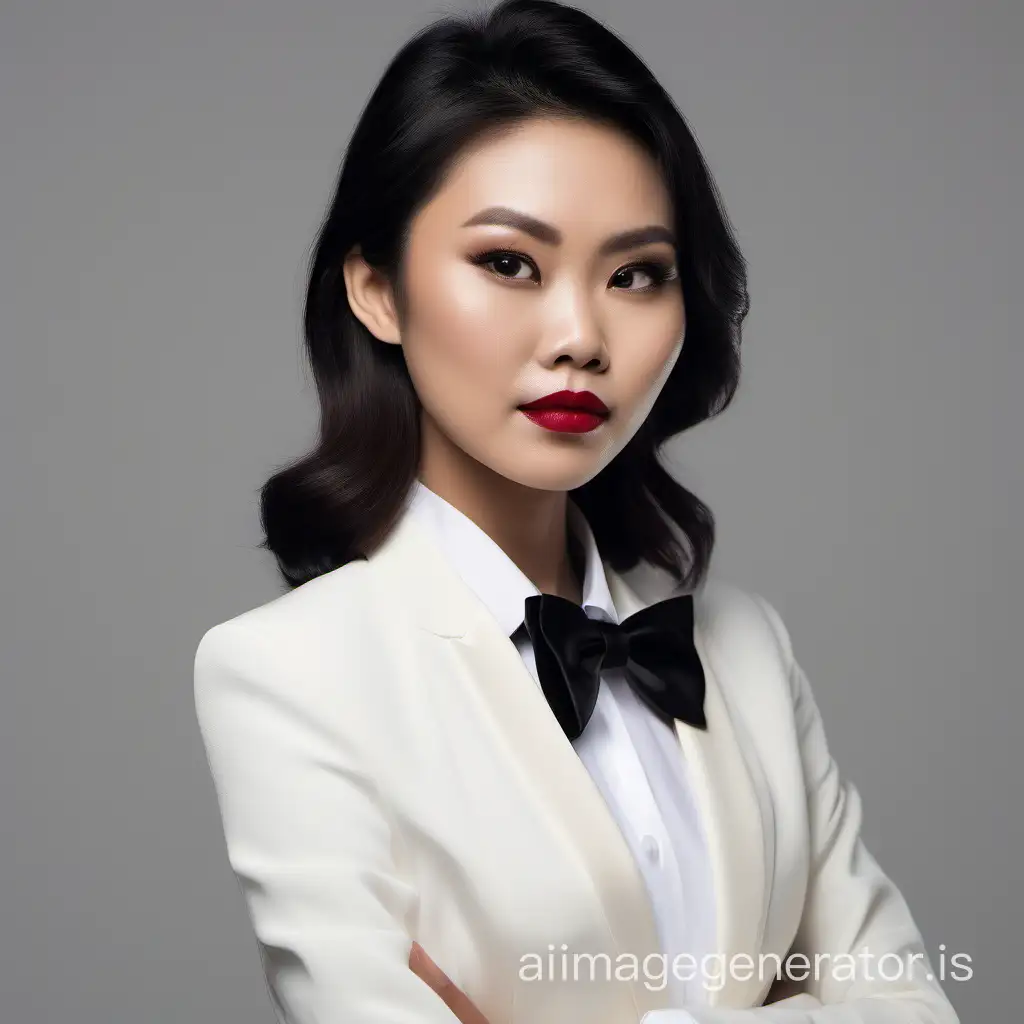 cute and sophisticated and confident Vietnamese woman with shoulder length hair and lipstick wearing an ivory tuxedo with a white shirt and a black bow tie, crossing her arms