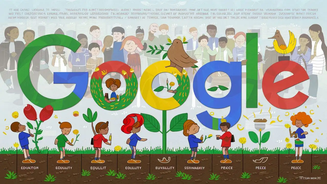 Google logo inspired from a child planting seeds in the ground, symbolizing the hopes and dreams for the future. As the seeds grow into vibrant flowers or trees, each one represents a different aspect of a brighter future, such as education, equality, sustainability, and peace.
All art must interact with the letters