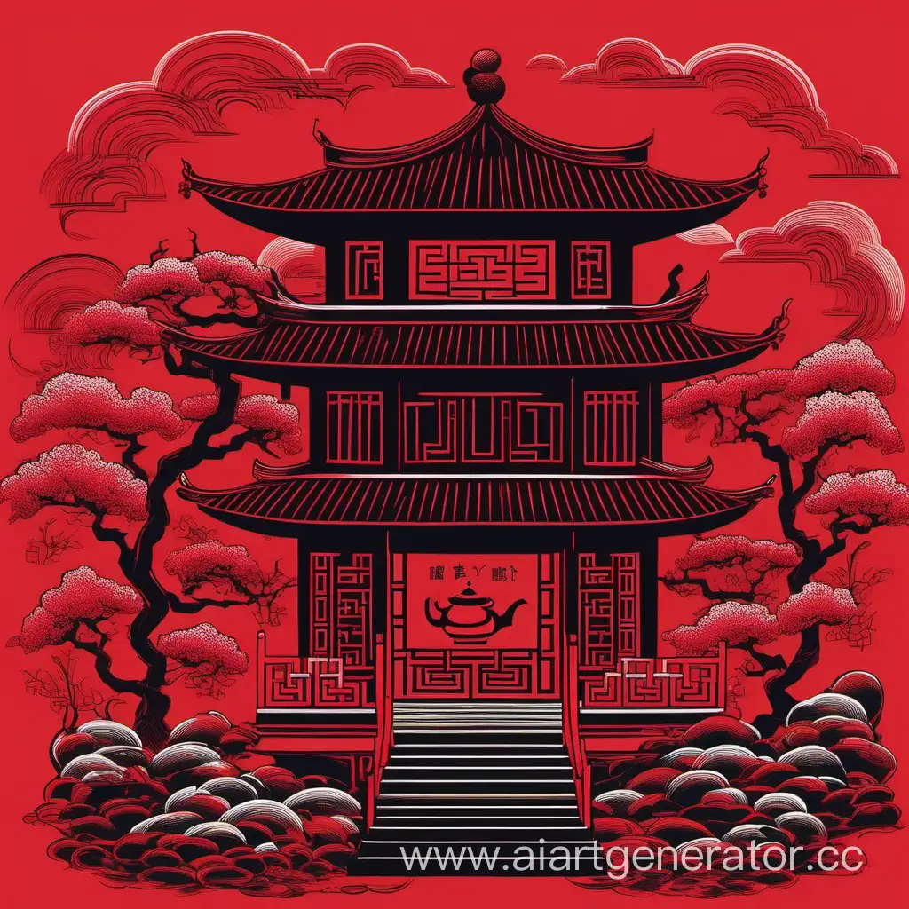 Serene-BlackRed-Chinese-Tea-House-Amidst-Blossoming-Gardens