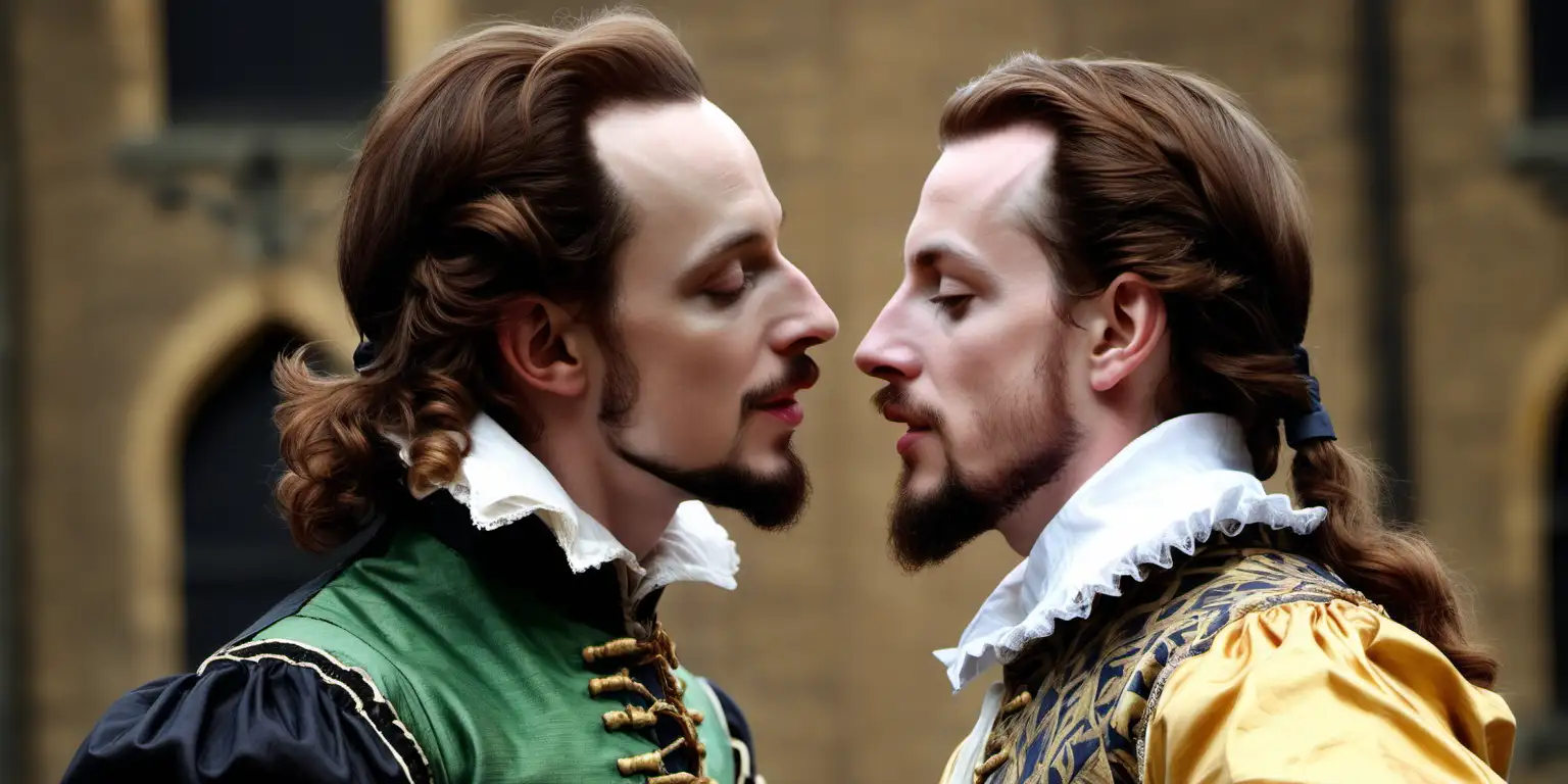 Subject: A side profile of  26-year-old William Shakespeare  and Henry Wriothesley
Costume/Appearance:  Elizabethan clothes. 
Action: He leans in for a kiss.
Setting:  1595.
Background: black 
Items: The Sony Alpha a9 II and Sony FE 200-600mm f/5.6-6.3 G OSS lens are used, ensuring a high-quality and professional photographic outcome.
Accessories: none.