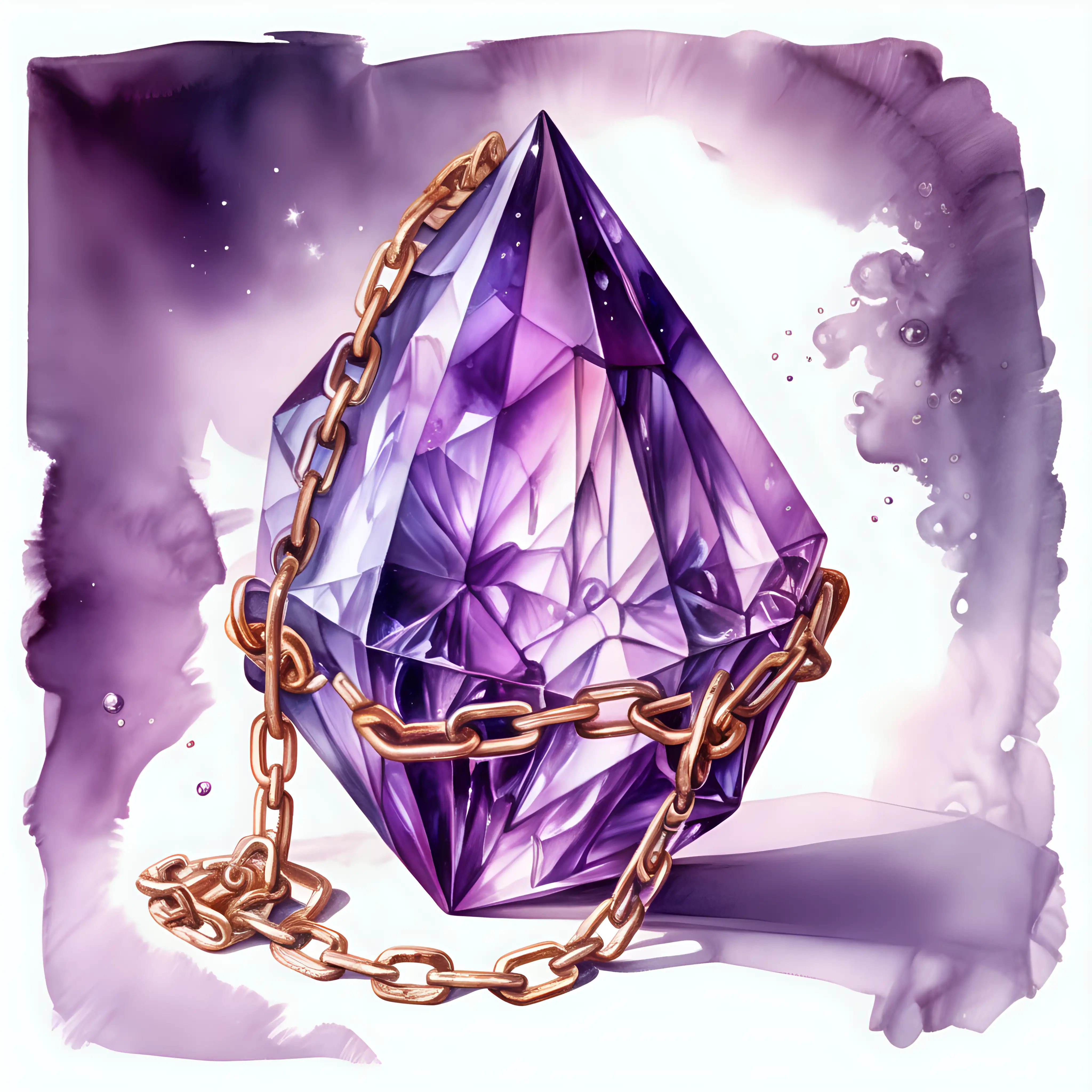 Mystical Purple Crystal Pendant with Elegant Chain Watercolor Art