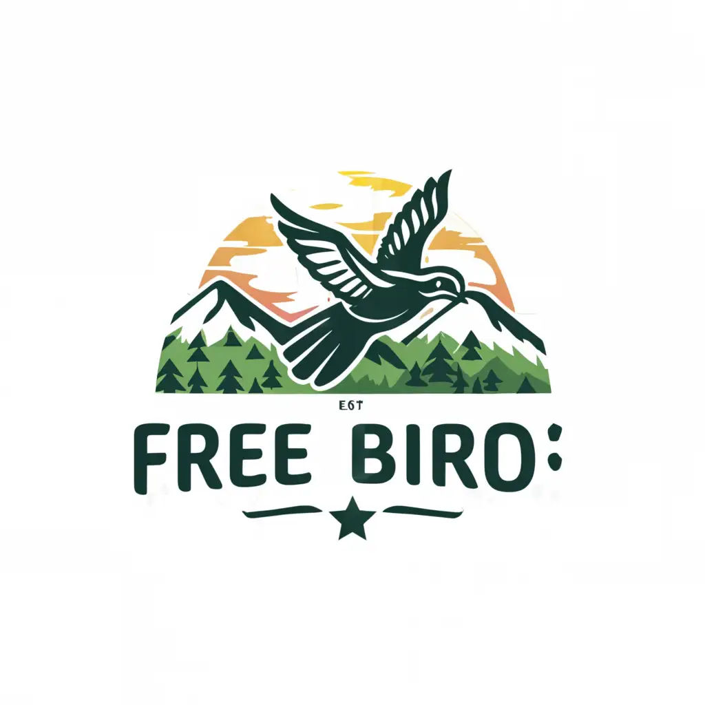 a logo design,with the text "Free bird", main symbol:flying Bird, forest, Mountains,Moderate,be used in Travel industry,clear background