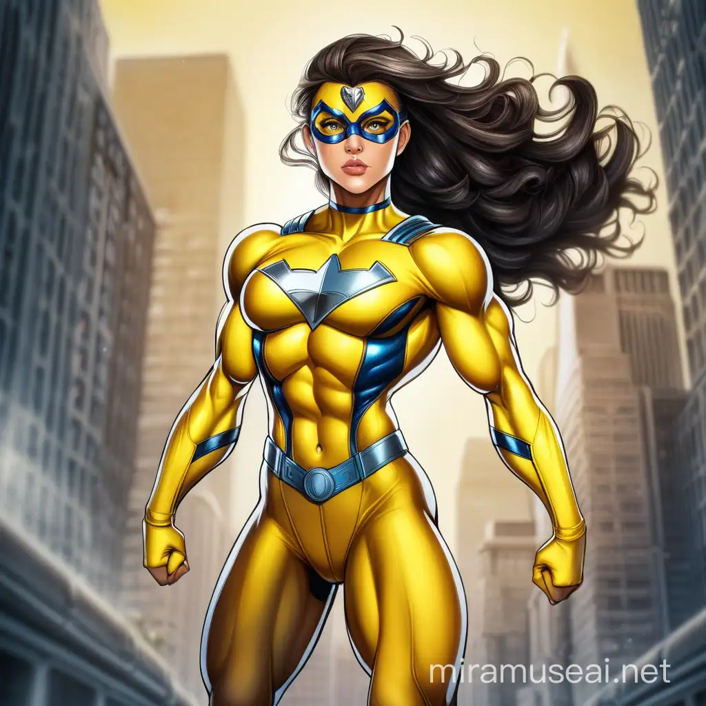 Красивая мускулистая девушка супер герой в жёлтом костюме 