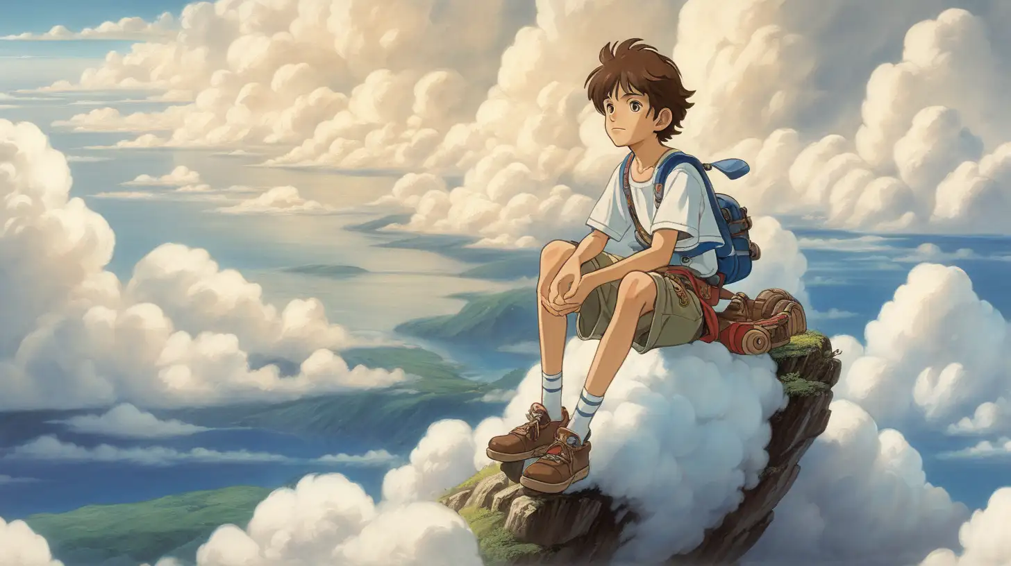 a boy with brown hair sitting on clouds, happy, peaceful, beauiful illustration of fantasy, ghibli, princess mononoke, soothing, dark, music, amazing detailed game poster, Hayao Miyazaki --ar3:2 --niji 5