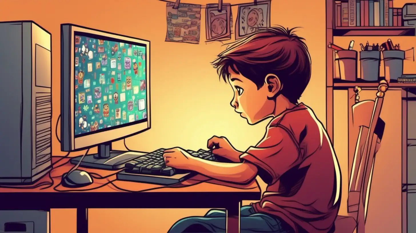 illustrate a ten years old boy playing computer games in his room and talking his mother , cute,