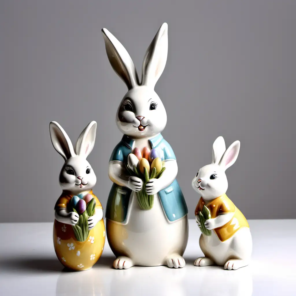 European and American Style Easter Ceramics with Mother Rabbit and Child on White Background