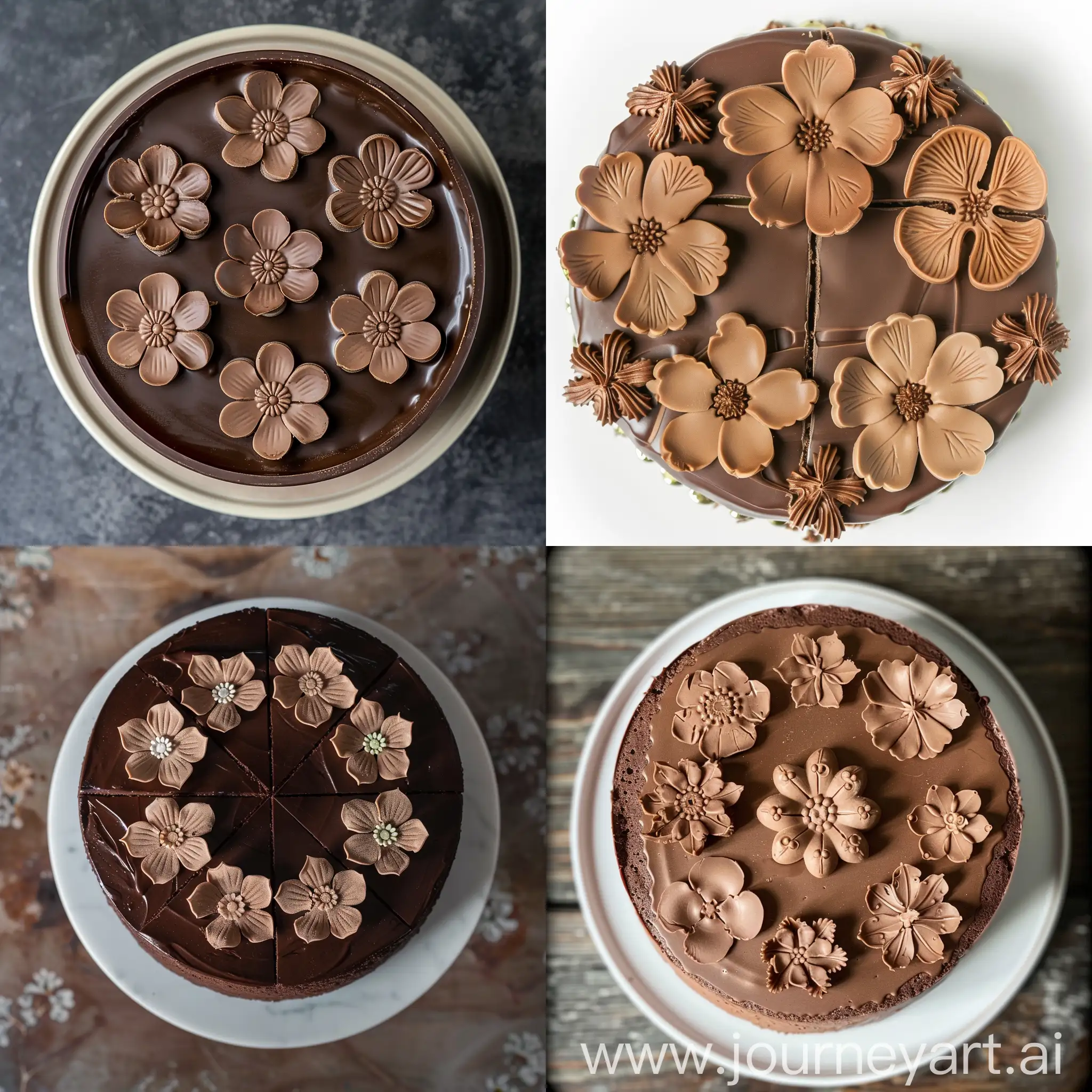 A view from above, the chocolate cake has six flowers divided into six flowers.